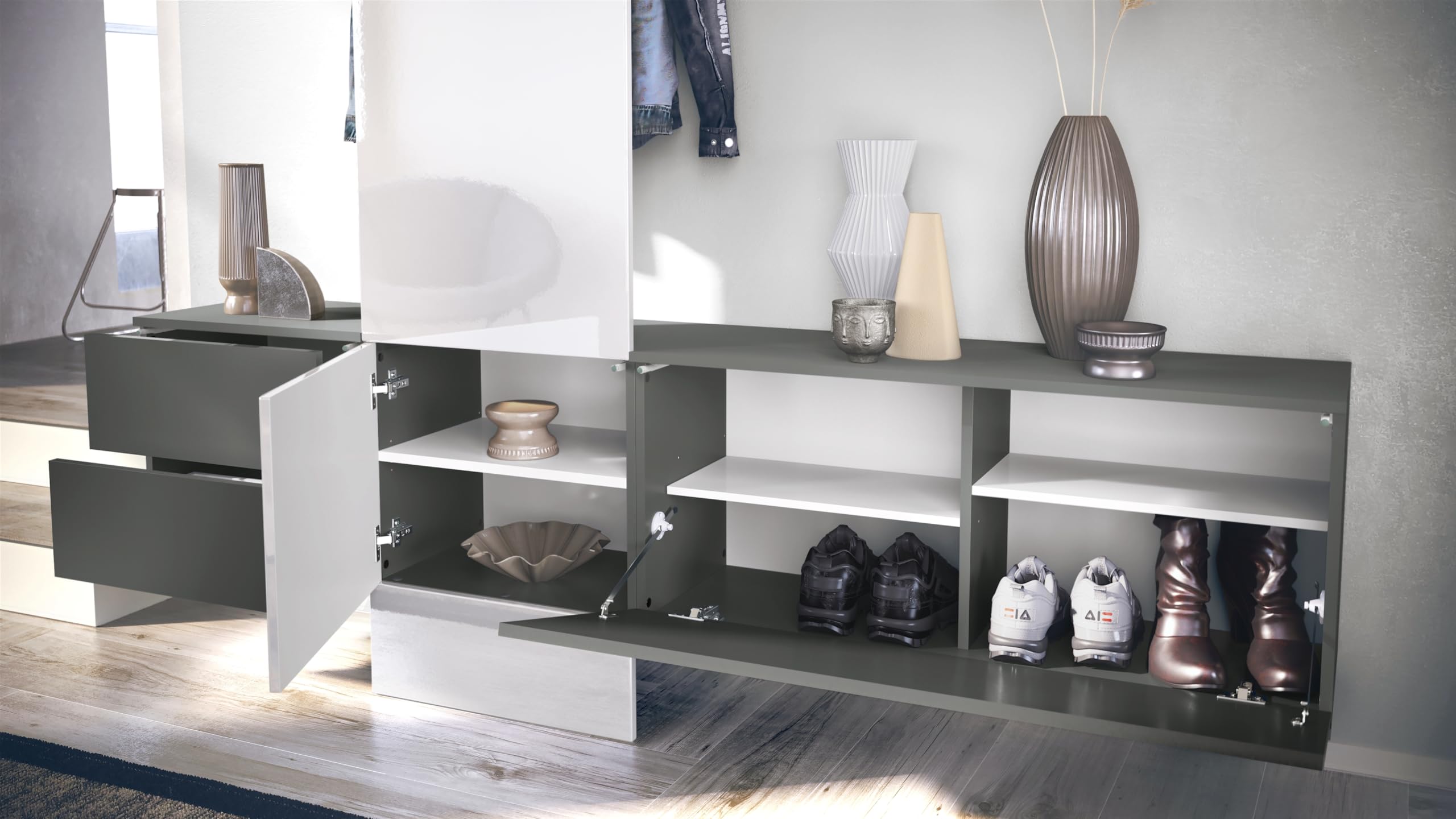 Vladon Garderobe Carlton Set 1, Made in Germany, Flur-Garderobe aus Deko-paneel, Schubladen-Kommode & Schuhschrank, Anthrazit matt/Bronze Optik (209 x 193 x 35 cm)