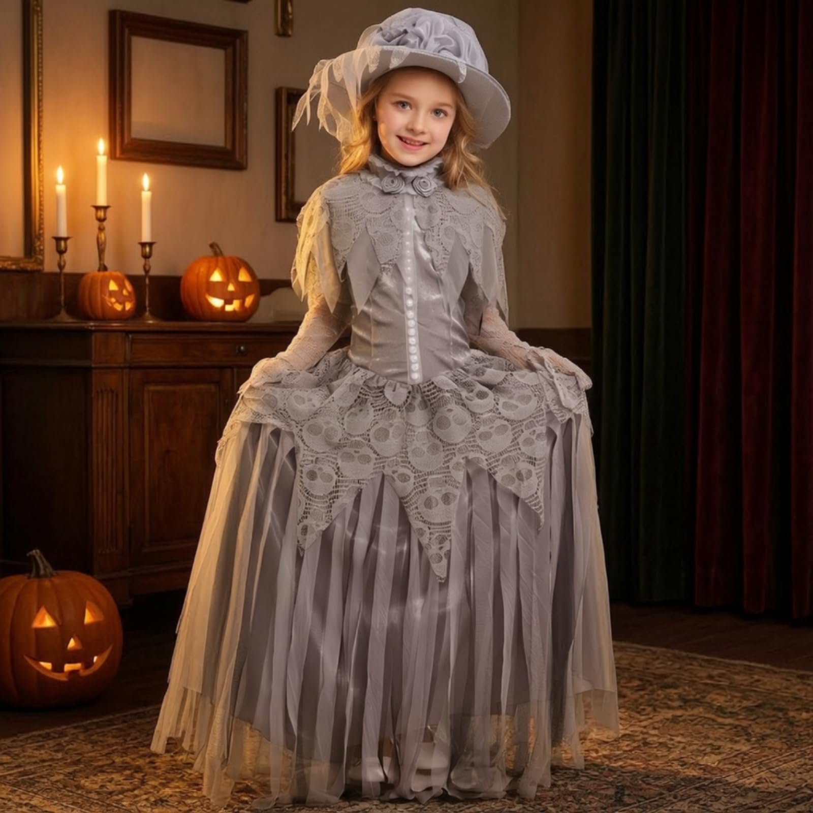 Vestido Gótico Mujer Vestido Disfraz Traje Vestido Largo con Entallado Sombrero de Encaje Simulado en Poliéster Terciopelo Adecuado para Halloween