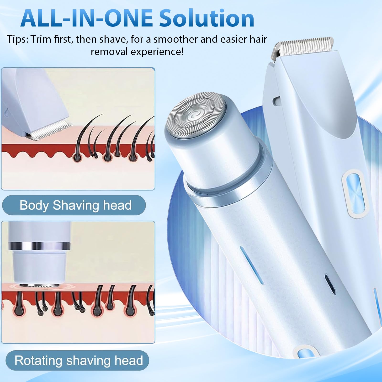 Elektrischer 2-in-1-Haarschneider für Damen mit zwei Köpfen, wasserdichter, wiederaufladbarer Körperrasierer für Bikinizone, Intimbereich, Beine und Achselhöhlen(Blau)
