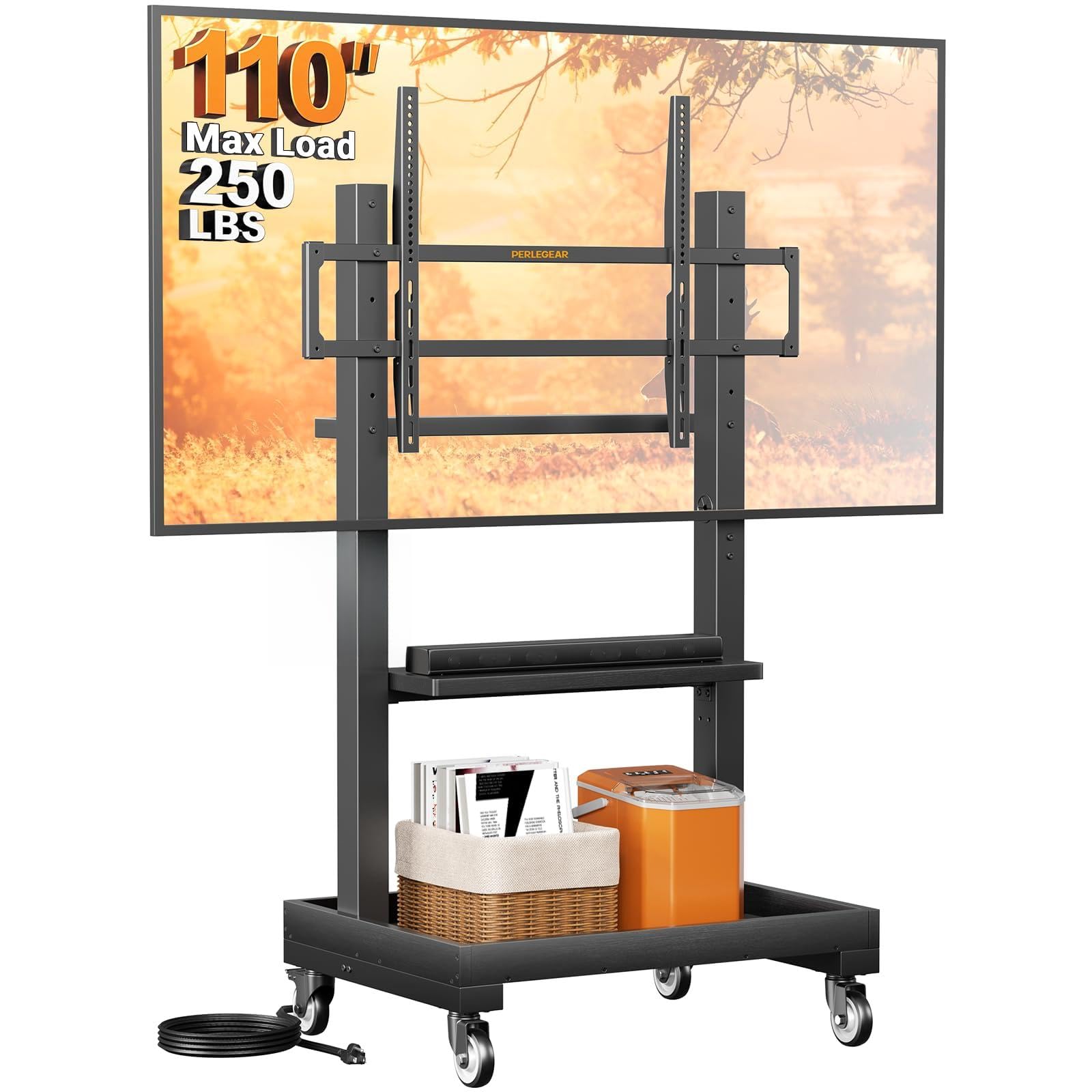 Perlegear Rolling TV Stand with Power Outlet for 32–110 inch TVs, 250 lbs