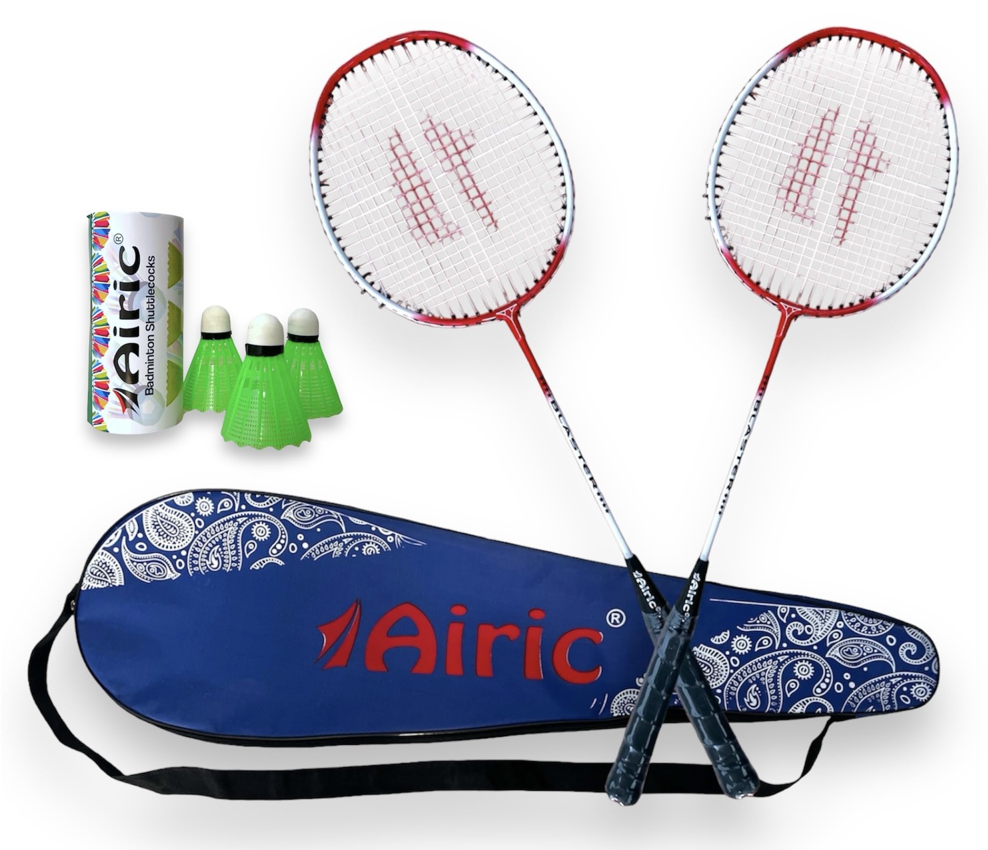 airic isometric blaster staunch rackets (set of 2) with 3 plastic shuttles and cover badminton kit (red)