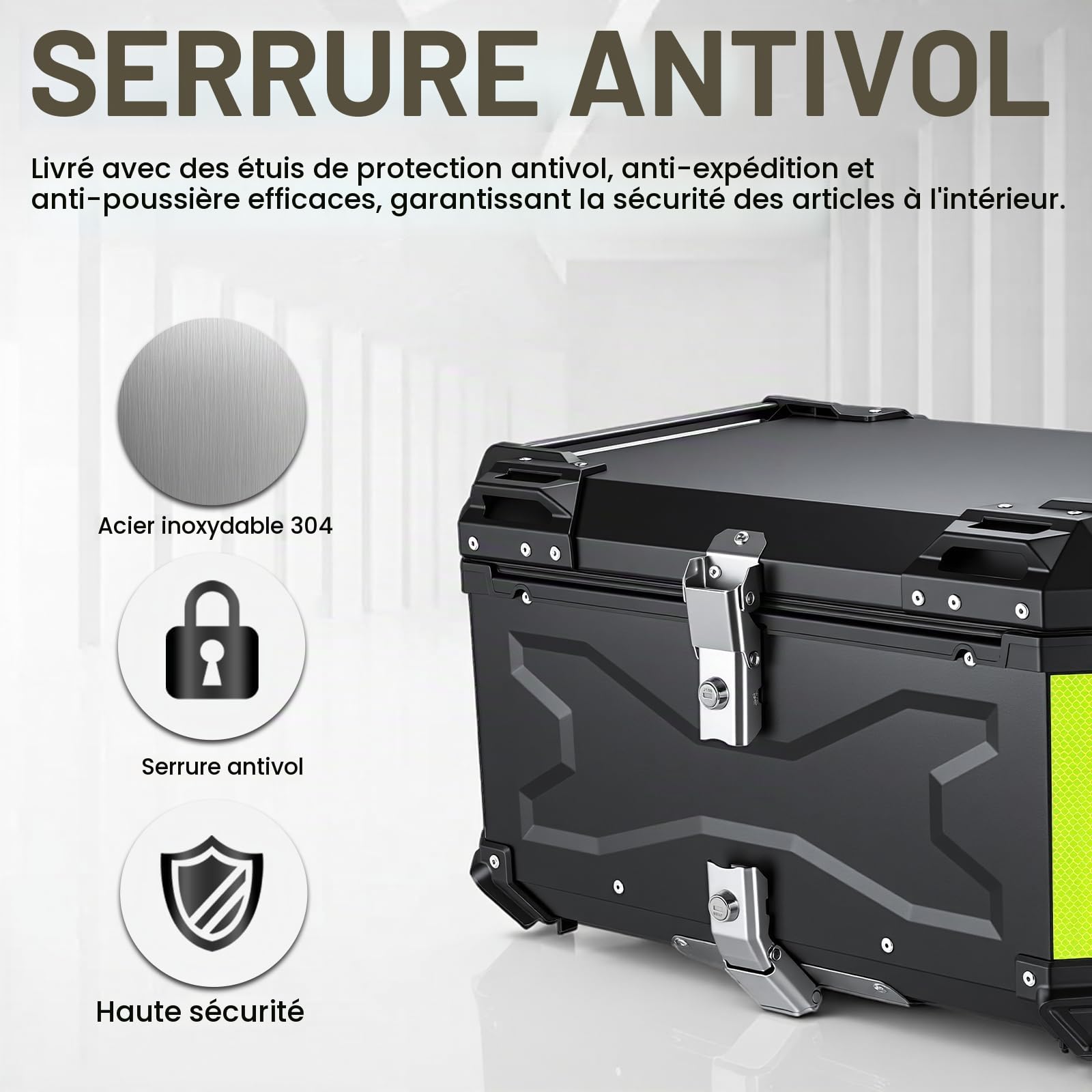 Top Case Universel pour Moto 65L, avec Dossier et Serrure de Sécurité, Coffre de Rangement pour Casque de Moto Étanche, Aluminium，Support de Fixation Universel (Noir)