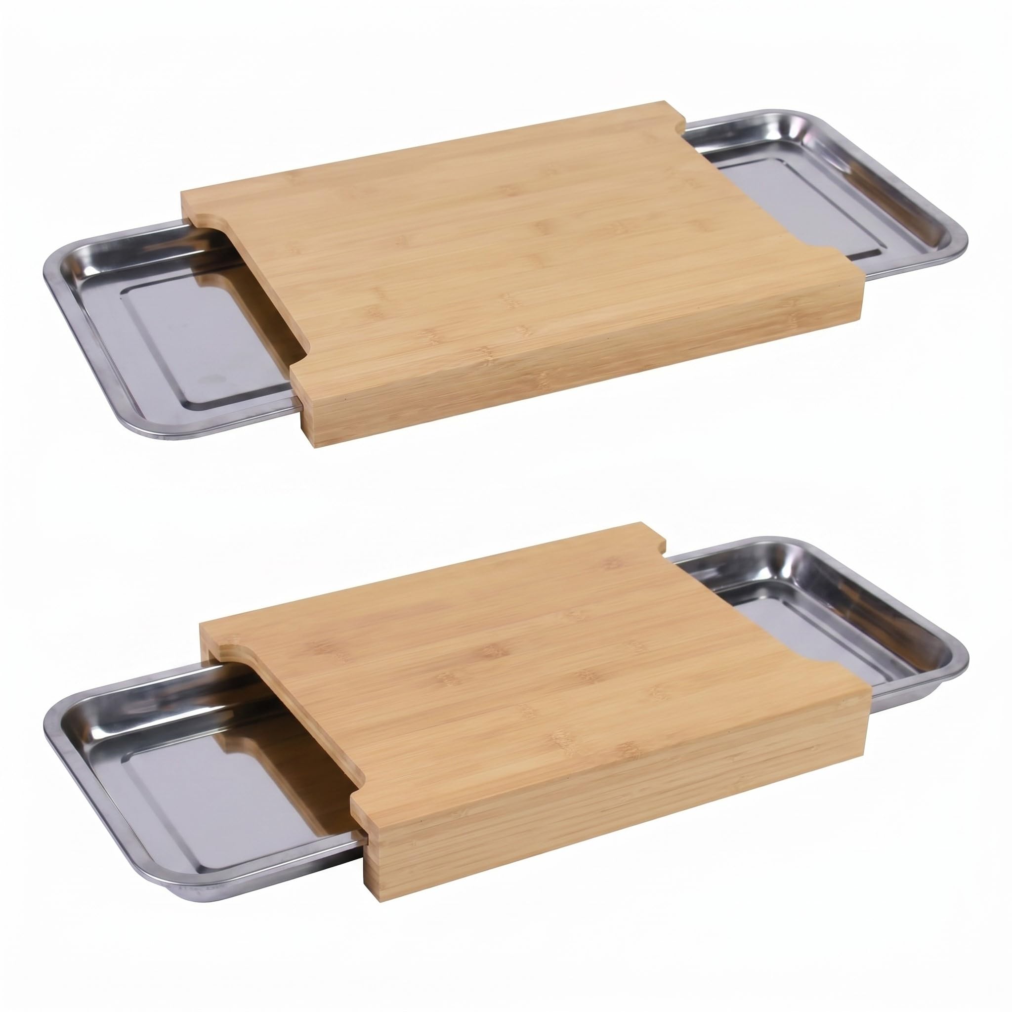 Bambus Schneidebrett 2er-Set mit Aluminium Auffangschale, flach und tief