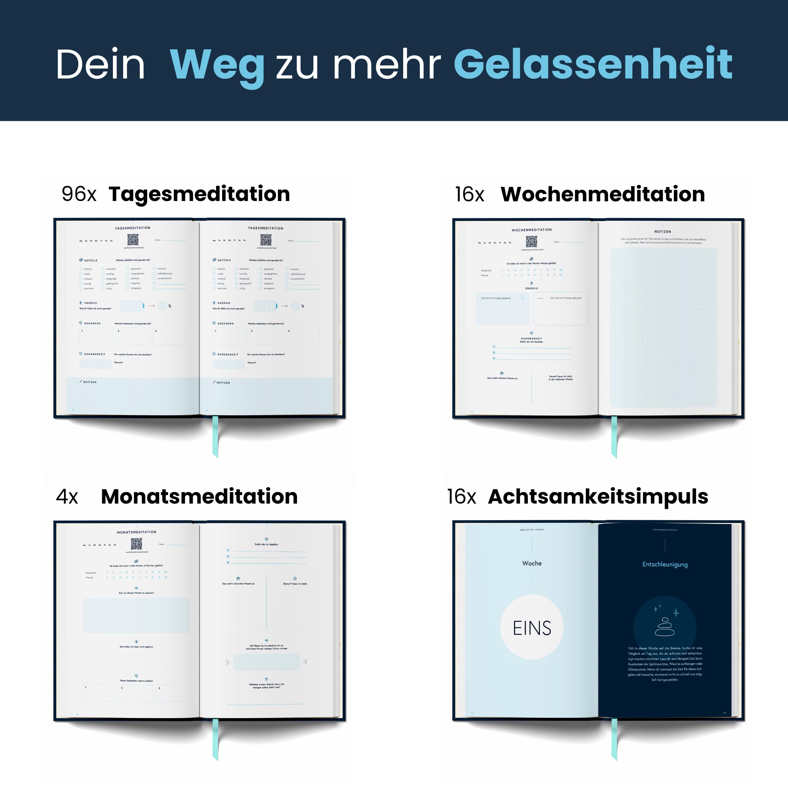 Dankbarkeitstagebuch (116 Meditationen per QR-Code) | Achtsamkeitstagebuch & Meditation Journal – Tagebuch für Erwachsene – für Anti Stress Routine, Selbstreflexion & Entspannung