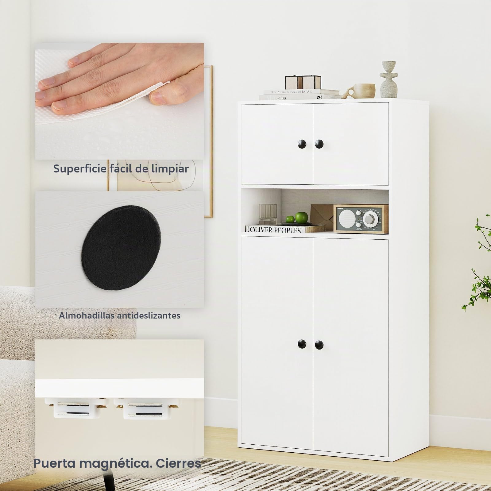 KOMFOTTEU Estantería de 3 Niveles, Librería con 2 Armarios con Puertas y Estante Abierto, Mueble de Almacenamiento con Estante Ajustable de 5 Niveles, para Estudio, Salón, 54 x 30 x 111 cm (Blanco)