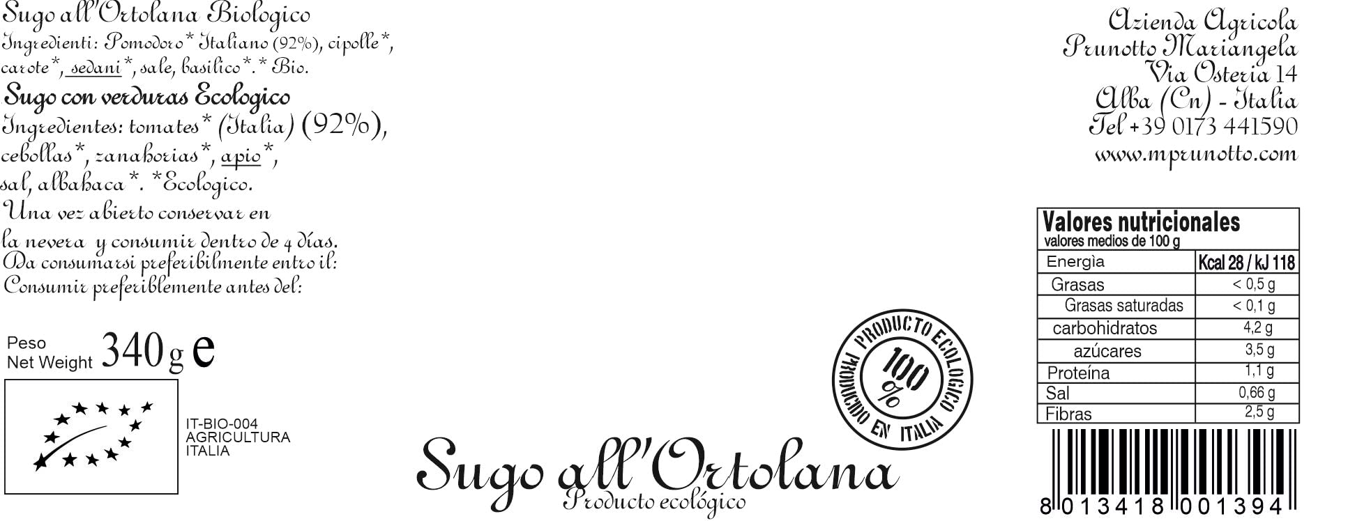 Azienda Agricola Prunotto Mariangela N. 12 Vasetti Sugo All' Ortolana Biologico 340g (12x340g)