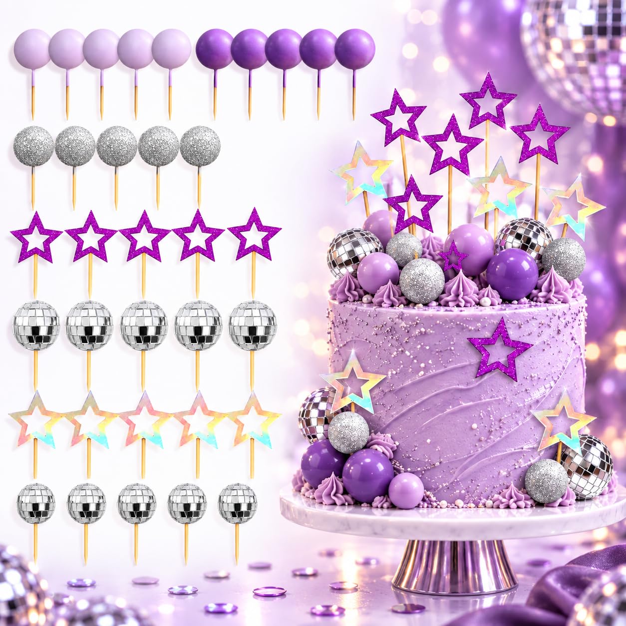 Disco Ball Cake Decorations, 35PCS Purple Cake Decorations Set