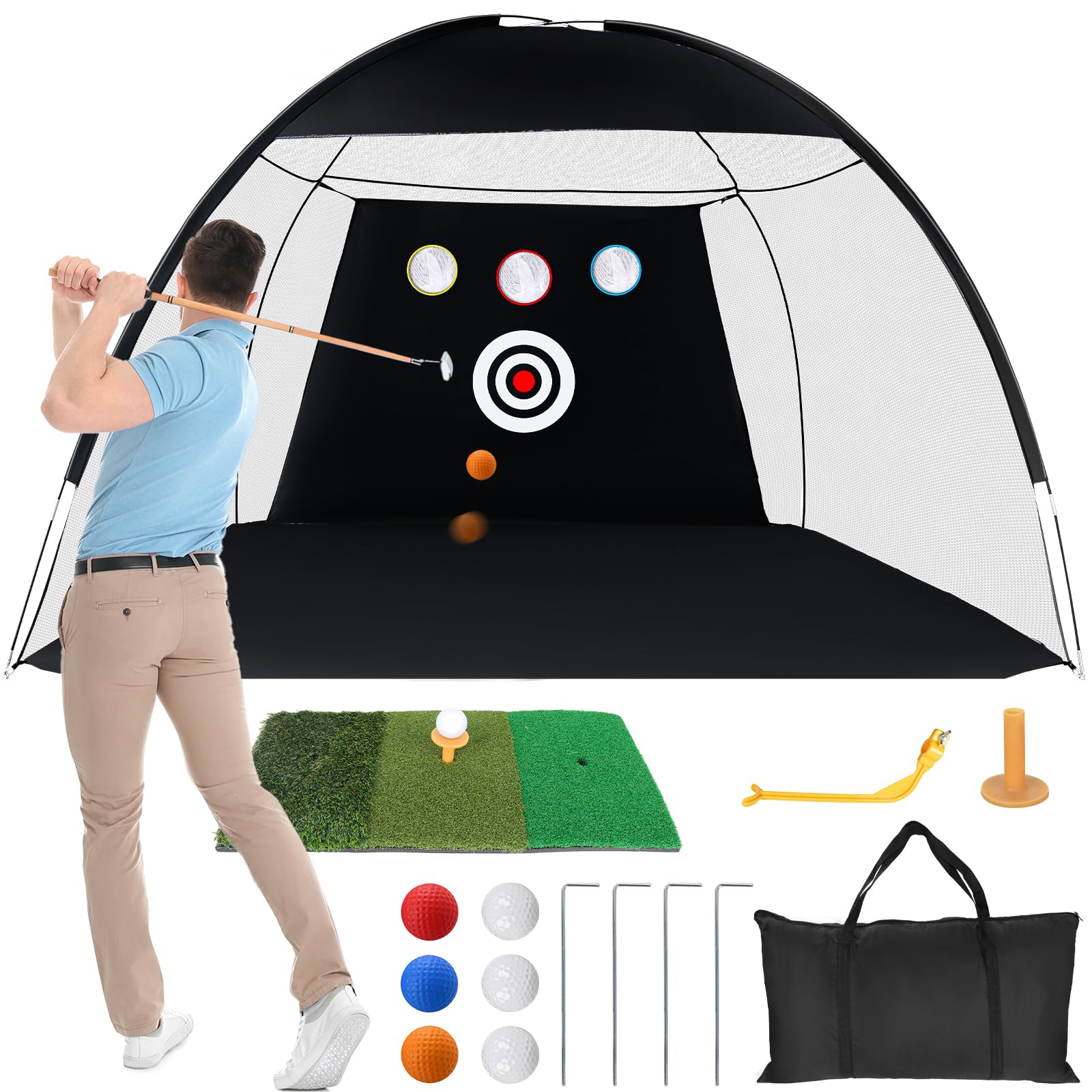 Golf Practice Net 10x7ft Golf Nets for Garden with 6 Golf Balls Swing Correction Trainer Carry Bag Chipping Turf Golf Mat Net Golf Nets for Backyard Driving