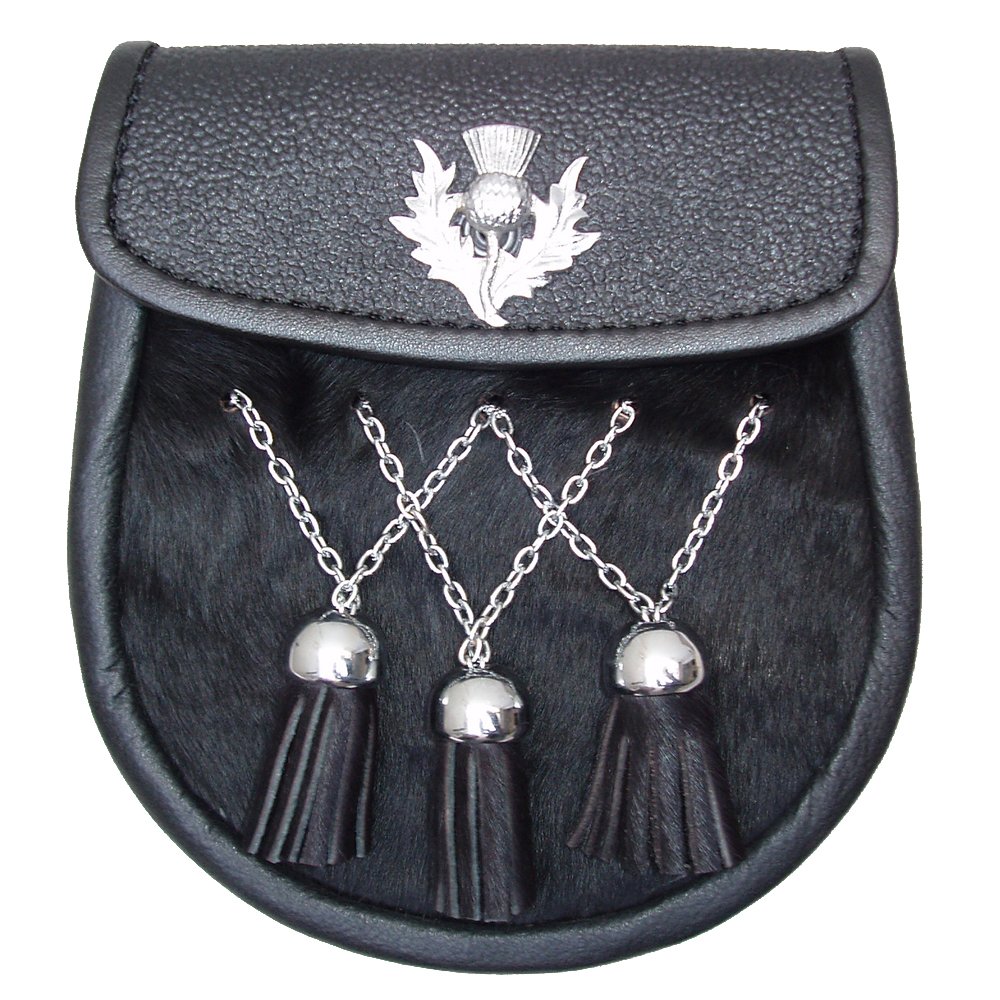 Escocés De Piel Negra Sporran Con 3 Borlas De Piel Negra Doble Cadena E Insignia De Cardo