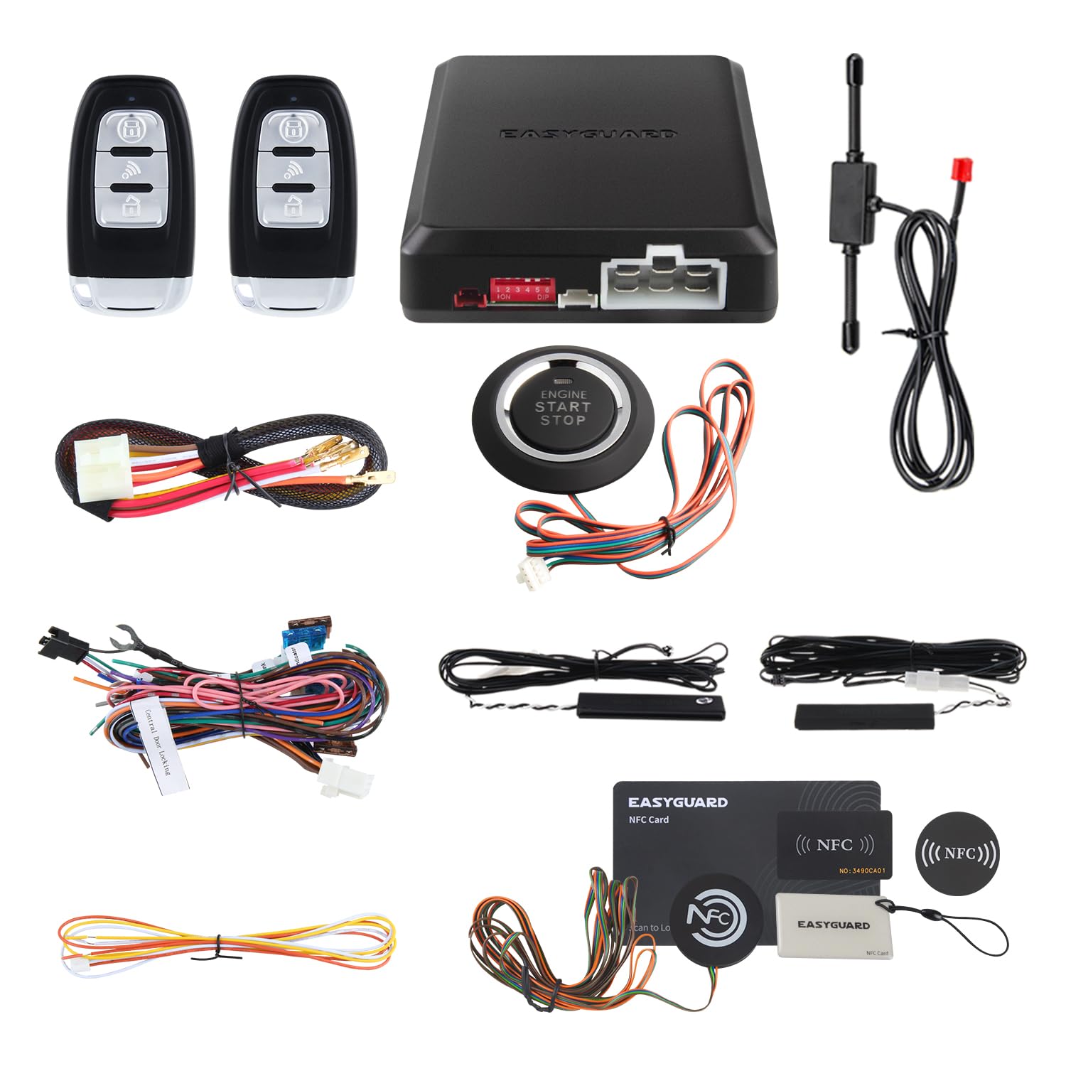 EASYGUARD Smart Key Rfid PKE Car Alarm System Remote Engine Start Starter Push Start Button & Touch Password Entry Keyless Go System Hopping code Universal Version