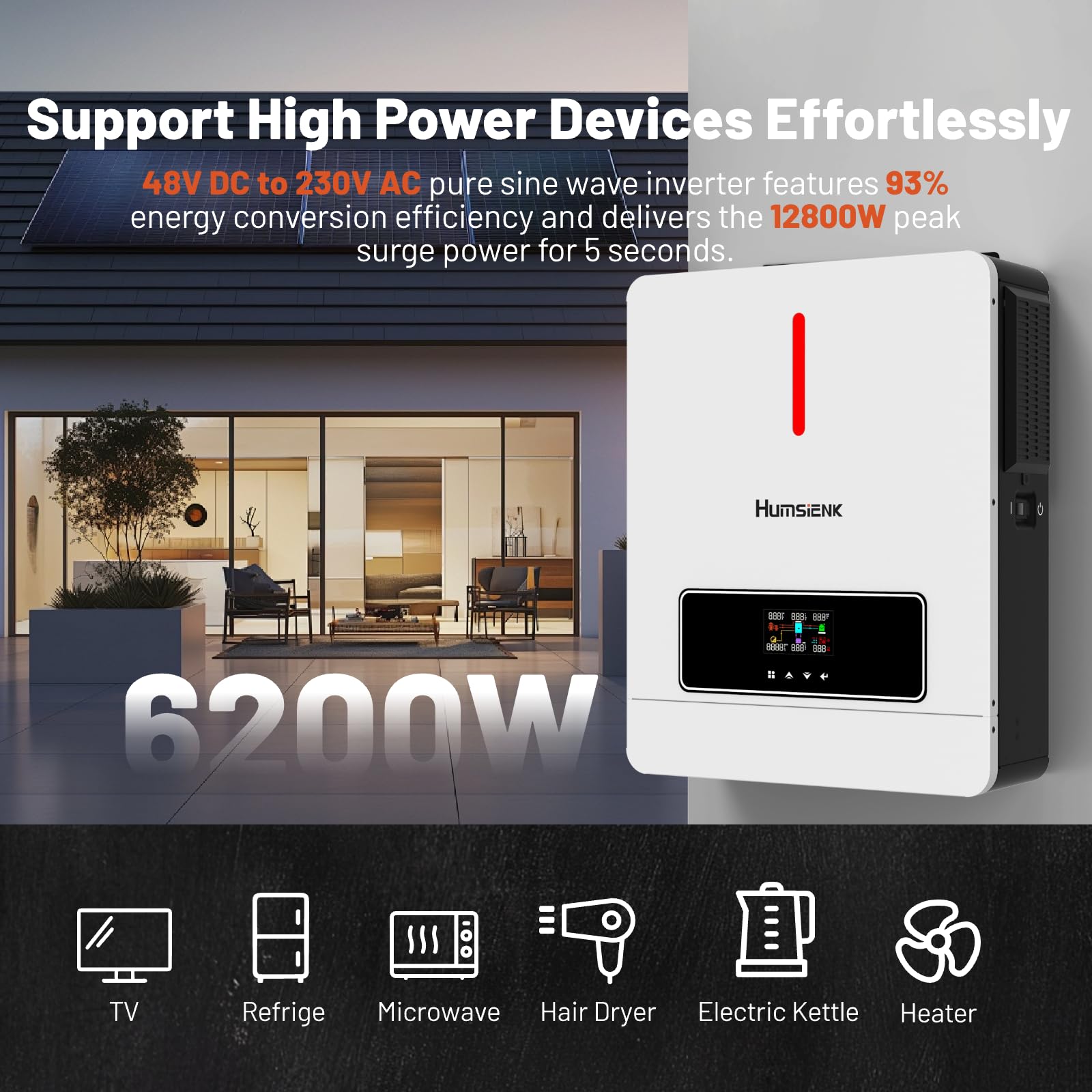 Humsienk Inversor Solar Hibrido 48v 6200w, Inversor Híbrido Onda Sinusoidal Pura, 48V CC a 220V/230V CA con 120A MPPT Controlador de Carga Solar y Sistema de Protección BMS para Casa, RV, Camion