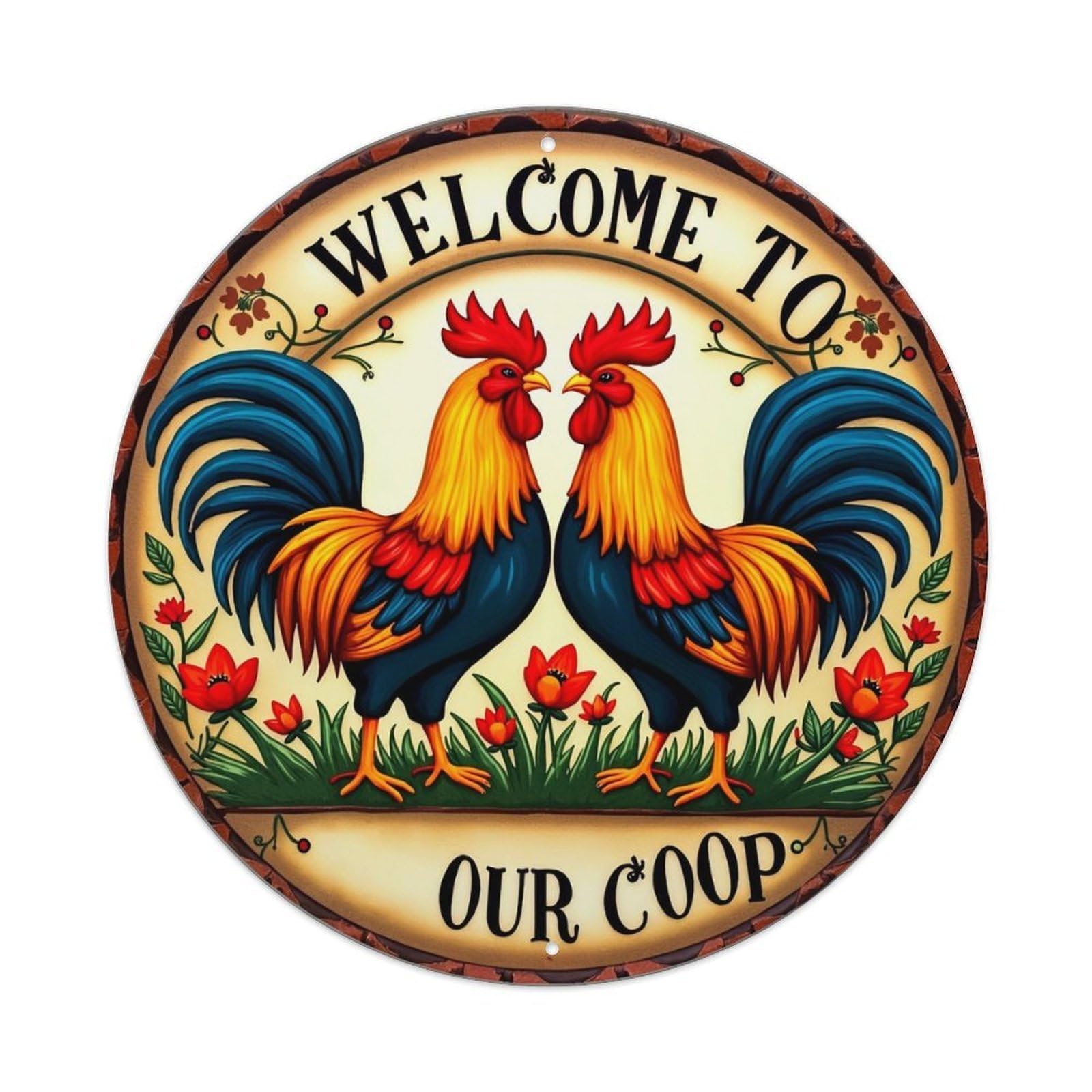 Welcome To Our Coop Roosters Round Metal Tin Sign Vintage Wall Decor, Bar Garage Cafe Kitchen Home Wall Art Poster 8x8inches