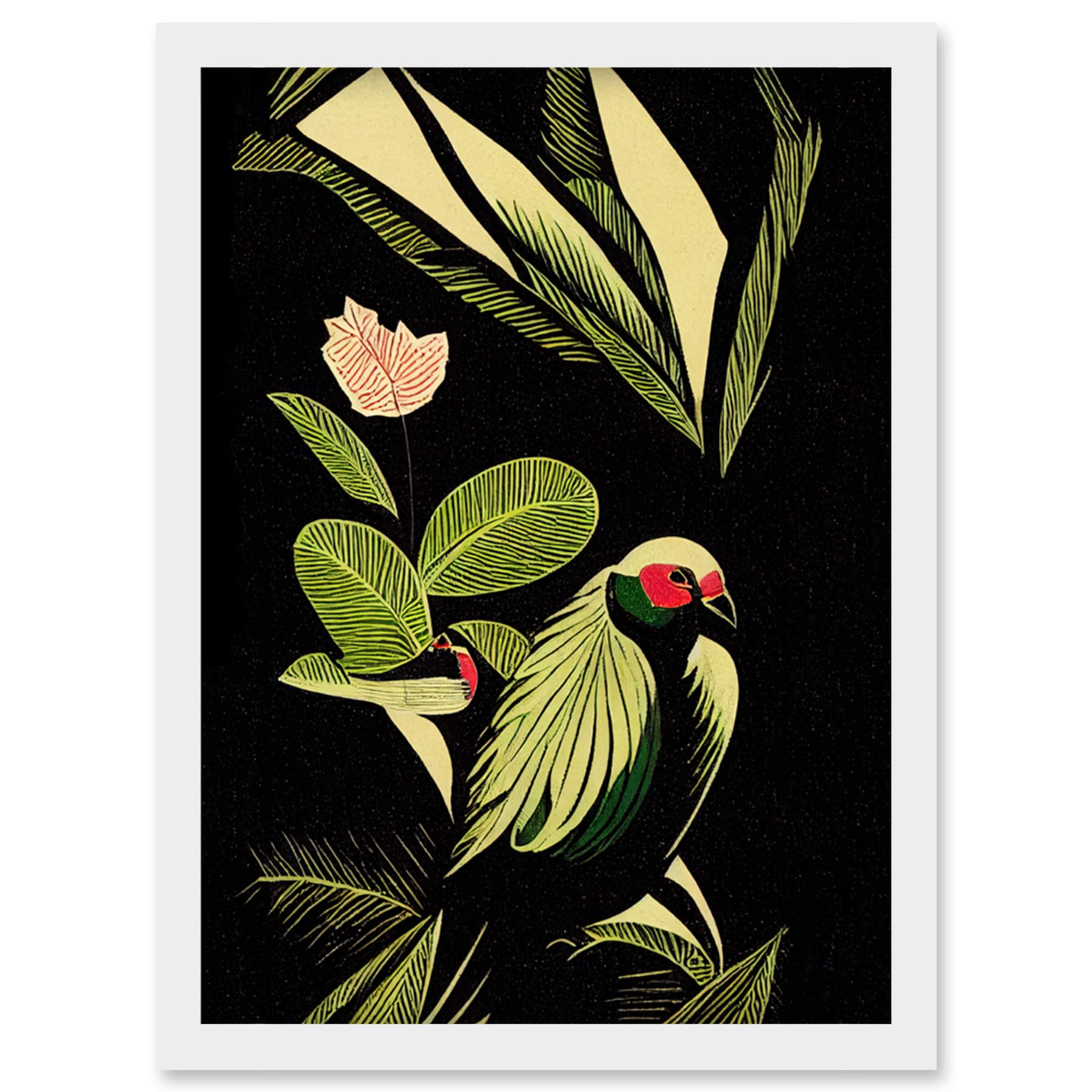 Wee Blue Coo Green Black Modern Vintage Tropical Plant Leaves with Bird Artwork Framed Wall Art Print A4