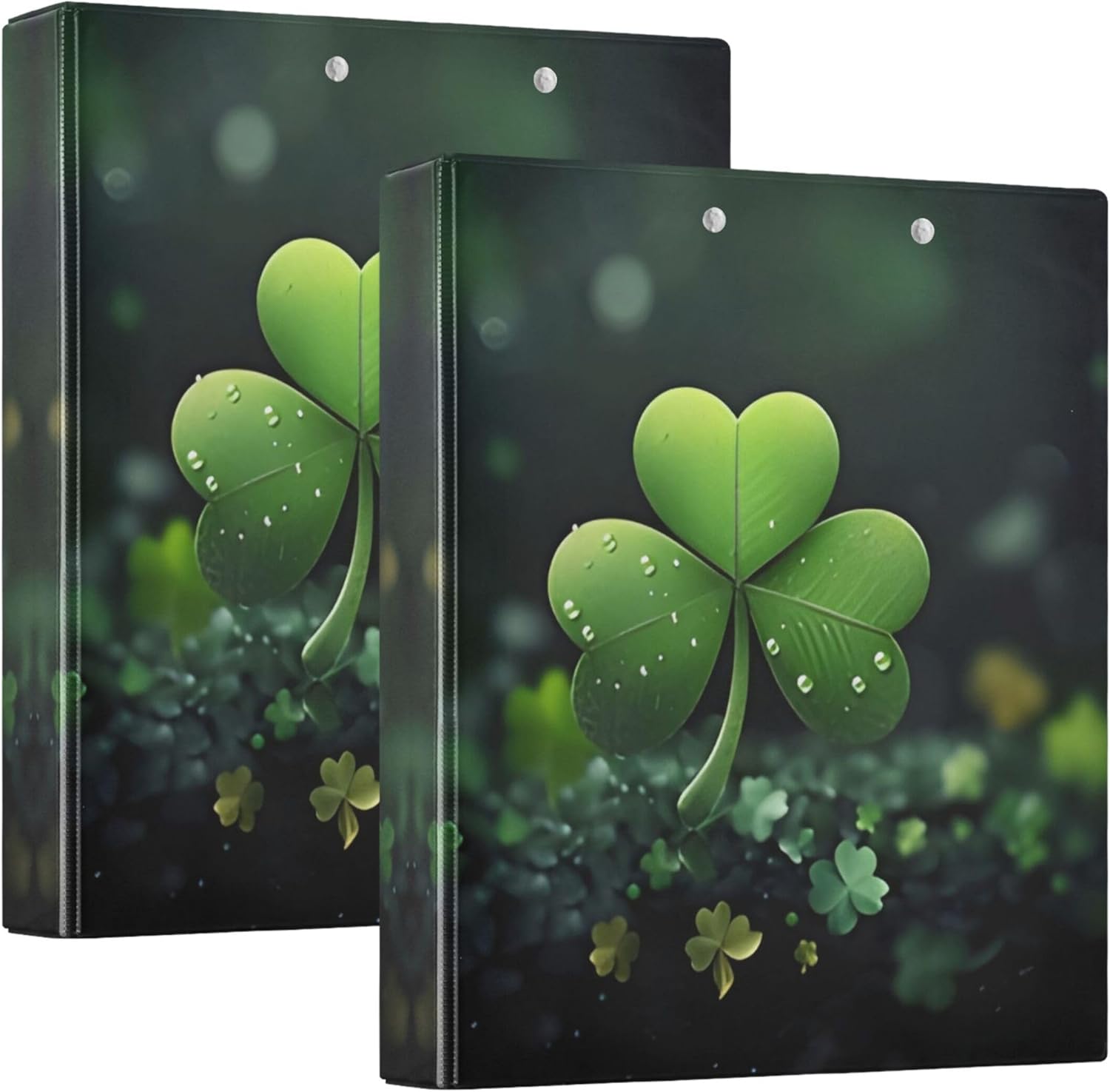 St. Patrick's Day Clover 3 Ring Binders, 1.5” Round Ring Binders with Clipboard - Letter Size, 3 Interior PVC Clear Pockets & Anti-Slip Clip for Office School Supplies, 2PCS