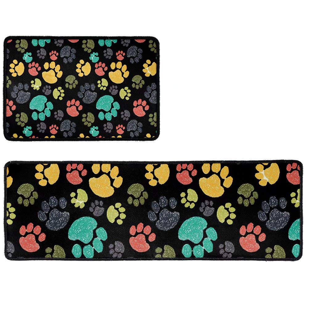 GIFTPUZZ Cute Dog Paws Prints Anti Fatigue Kitchen Rugs Tribal Floor Mat Set of 2 Non Slip Comfort Standing Mat Thick Cushioned Anti Fatigue Kitchen Mat Runner Black Colored