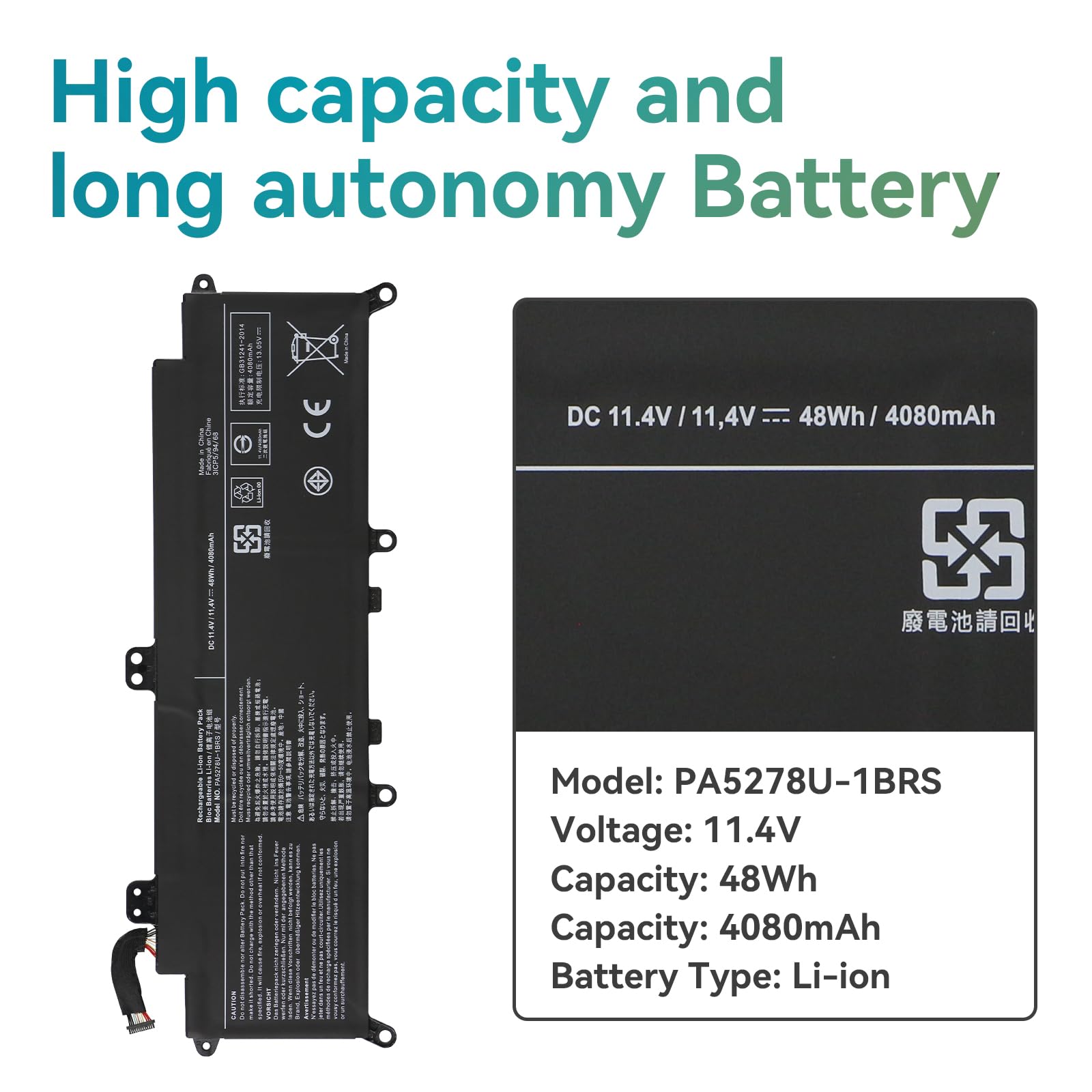 PA5278U-1BRS Batteria per Toshiba Tecra X40-D X40-E X40-F Portege X30-D | X30-E X30-F Dynabook X40-G X30-D-11U X30-D-161 X30-D-162 X30-E-11U X30-E-12W X30-E-12N X30-E-133 X40-E-10H 48Wh