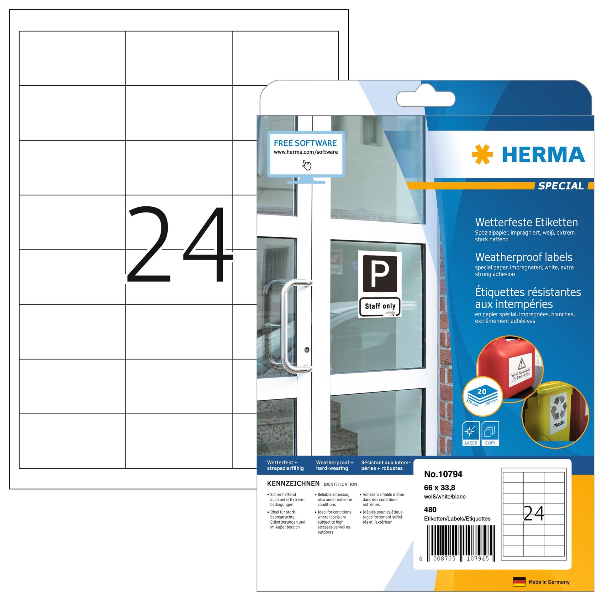 HERMA 10794 - Etichette resistenti alle intemperie, 20 fogli, 66 x 33,8 mm, 24 fogli A4, 480 pezzi, autoadesive, stampabili, opache, per esterni, in carta speciale, colore: Bianco