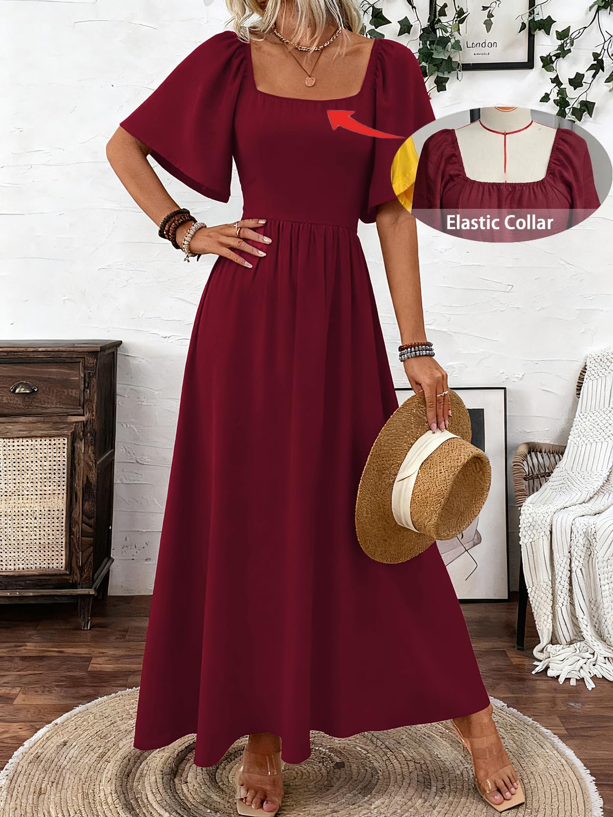 LIAMERHE Robe Longue Femme Été Élégante Col Carré Manches Volantes Chic Robes Maxi Ligne A Manches Courtes Taille Haute Fluide Style Bohème Robe de Plage Vintage Mariage Décontractée