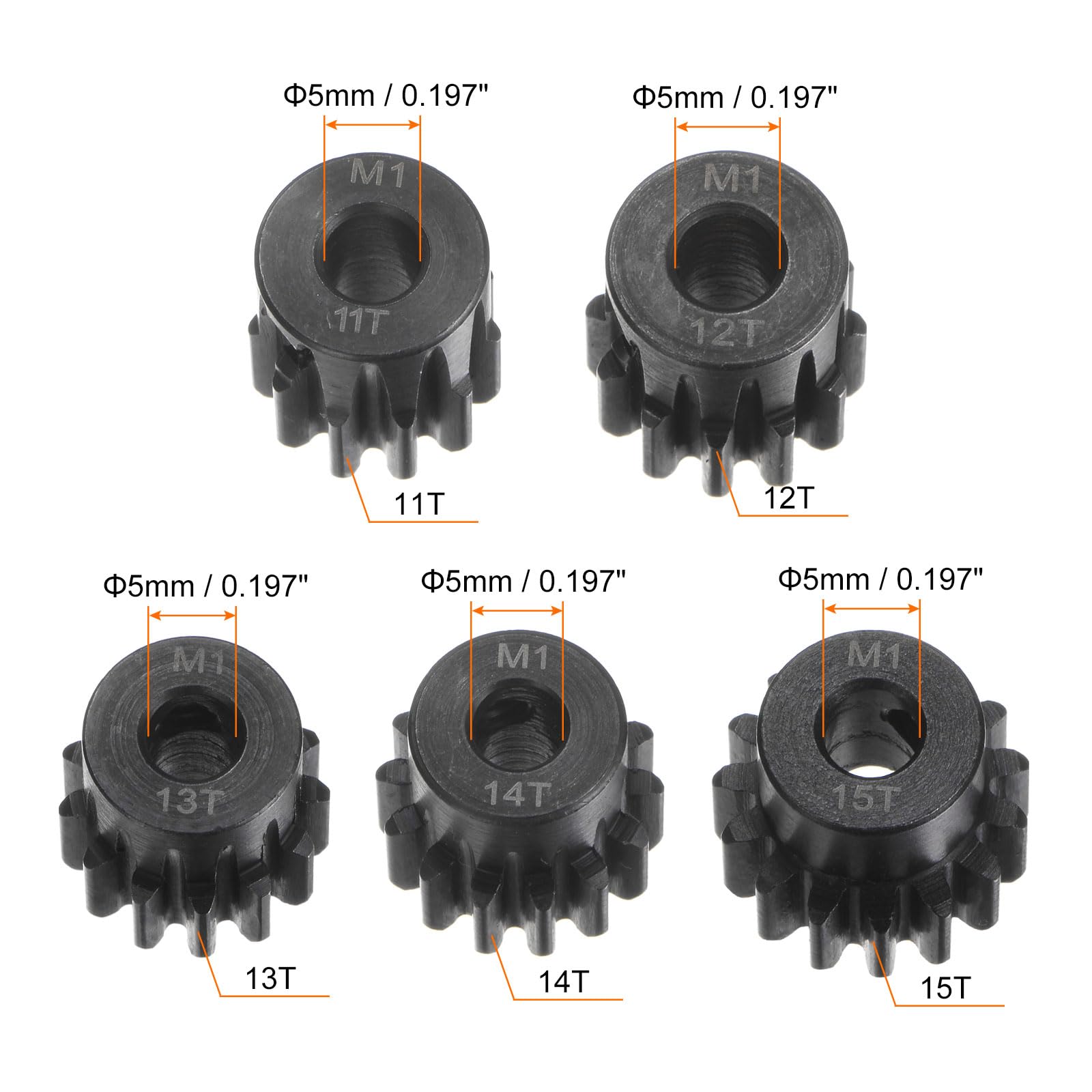 uxcell Lot de 5 pignons 1 de 5 - 15T, 16T, 17T, 18T, 19T - En acier trepé - Pour voiture