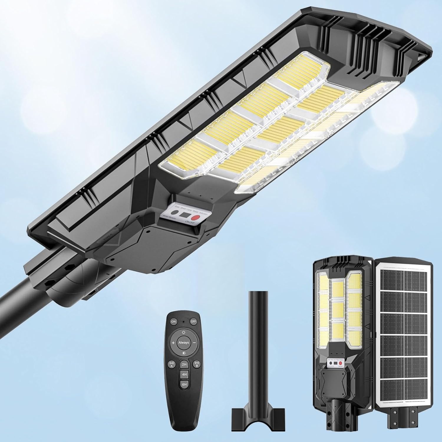 Solar Street Light 10000W Outdoor Light Wide Angle Motion Sensor Waterproof LED Solar with Remote Control, 6500K Dusk to Dawn Commercial Parking Lot Courtyard