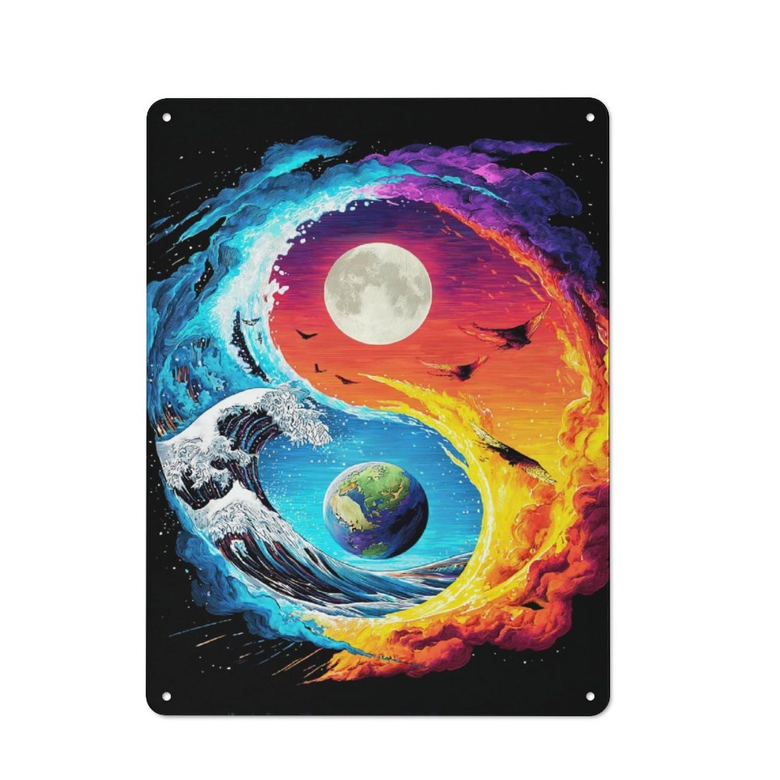 Yin-Yang Harmony Earth, Moon, Waves Rustic Metal Wall Decor 40x30cm, Decorative Tin Sign for Farmhouse Kitchen, Pantry Or Dining Area