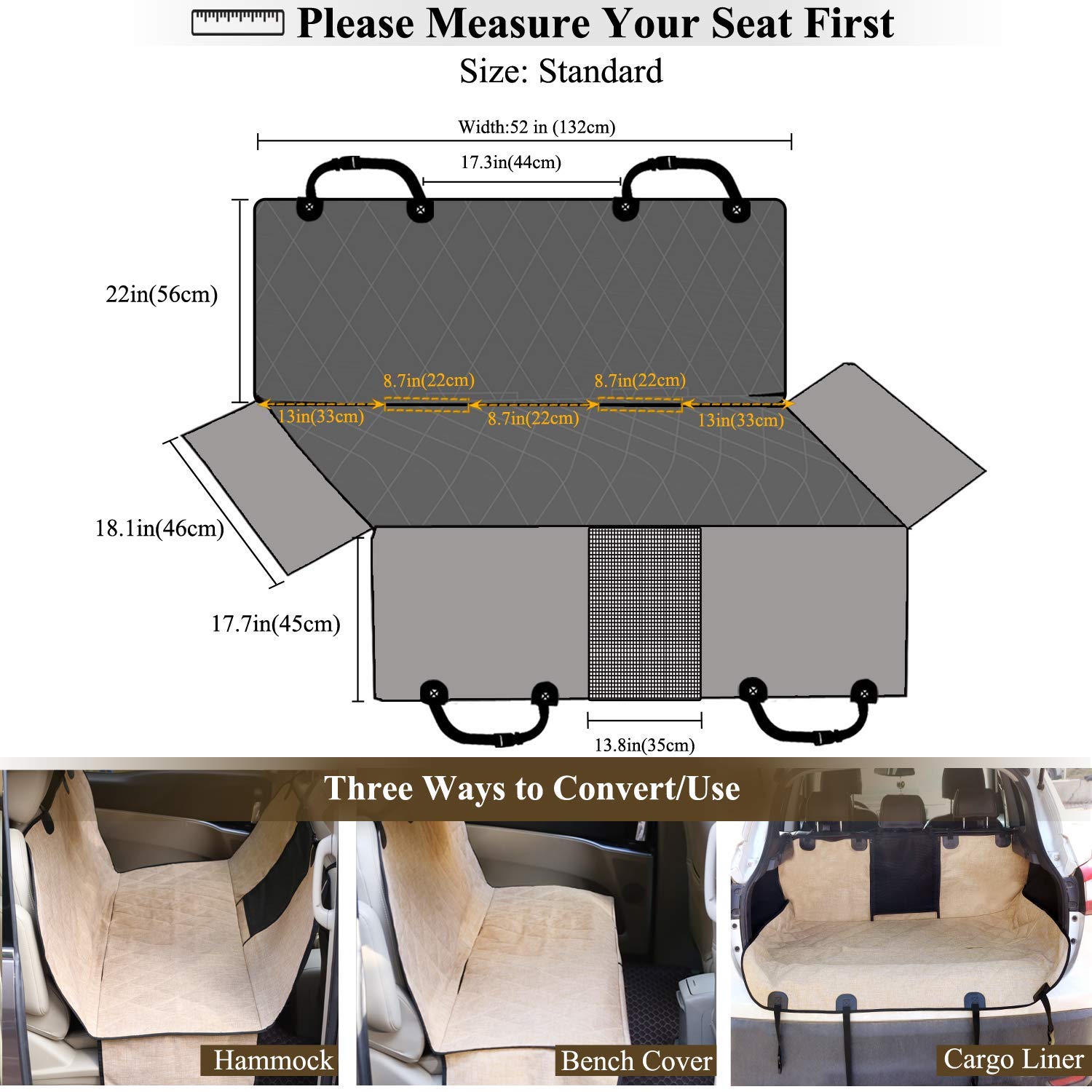 VIVAGLORY Dog Car Seat Covers, Hammock Seat Cover Mesh Visual Window with Extra Strap & Buckles, Waterproof & Nonslip Car Back Seat Cover Convert to Bench Seat Cover & Trunk Liner, Heather Khaki S - image 6