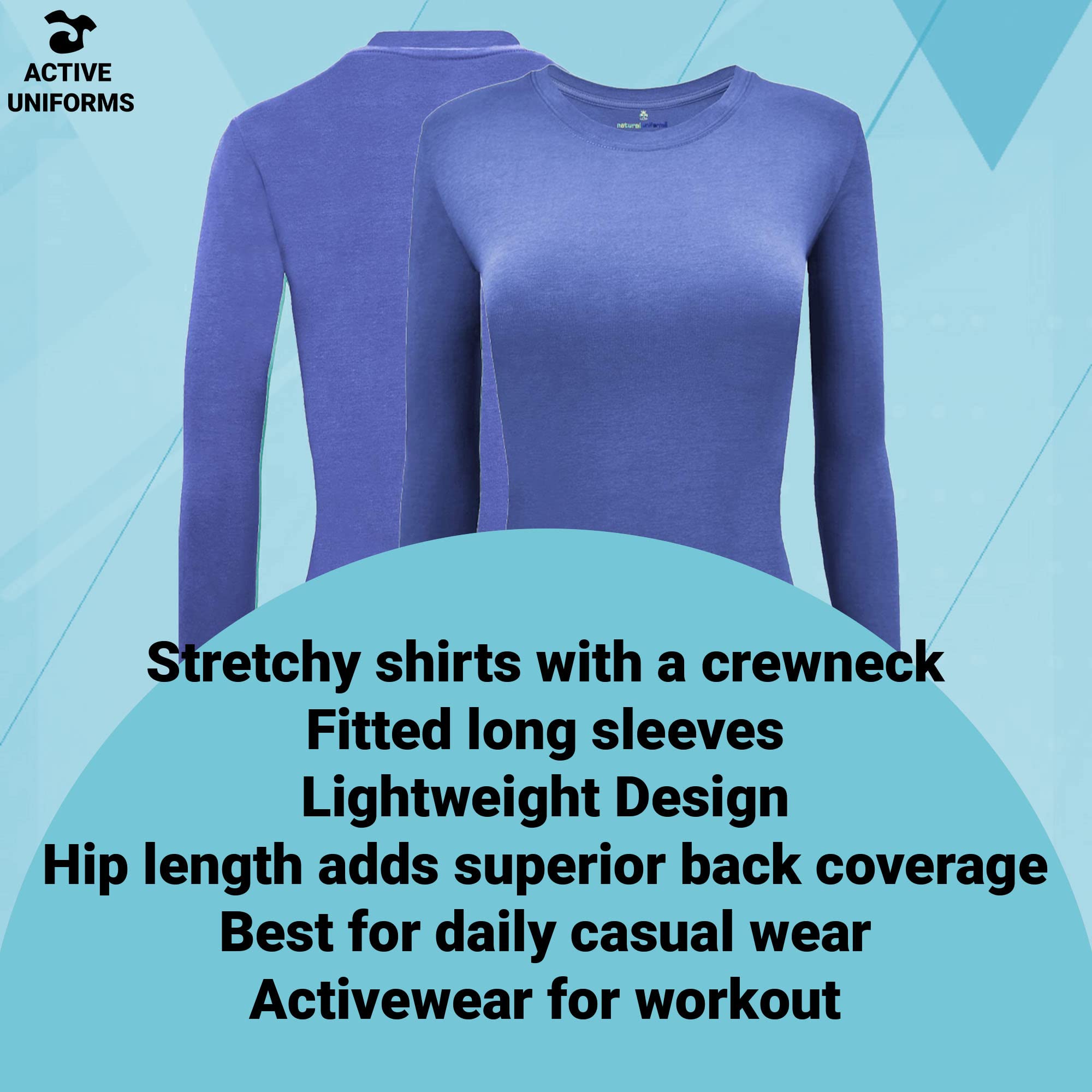ACTIVE UNIFORMS Women's Under Scrub Tee Crew Neck Long Sleeve T-Shirt 2- Pack (Ceil Blue, Small)