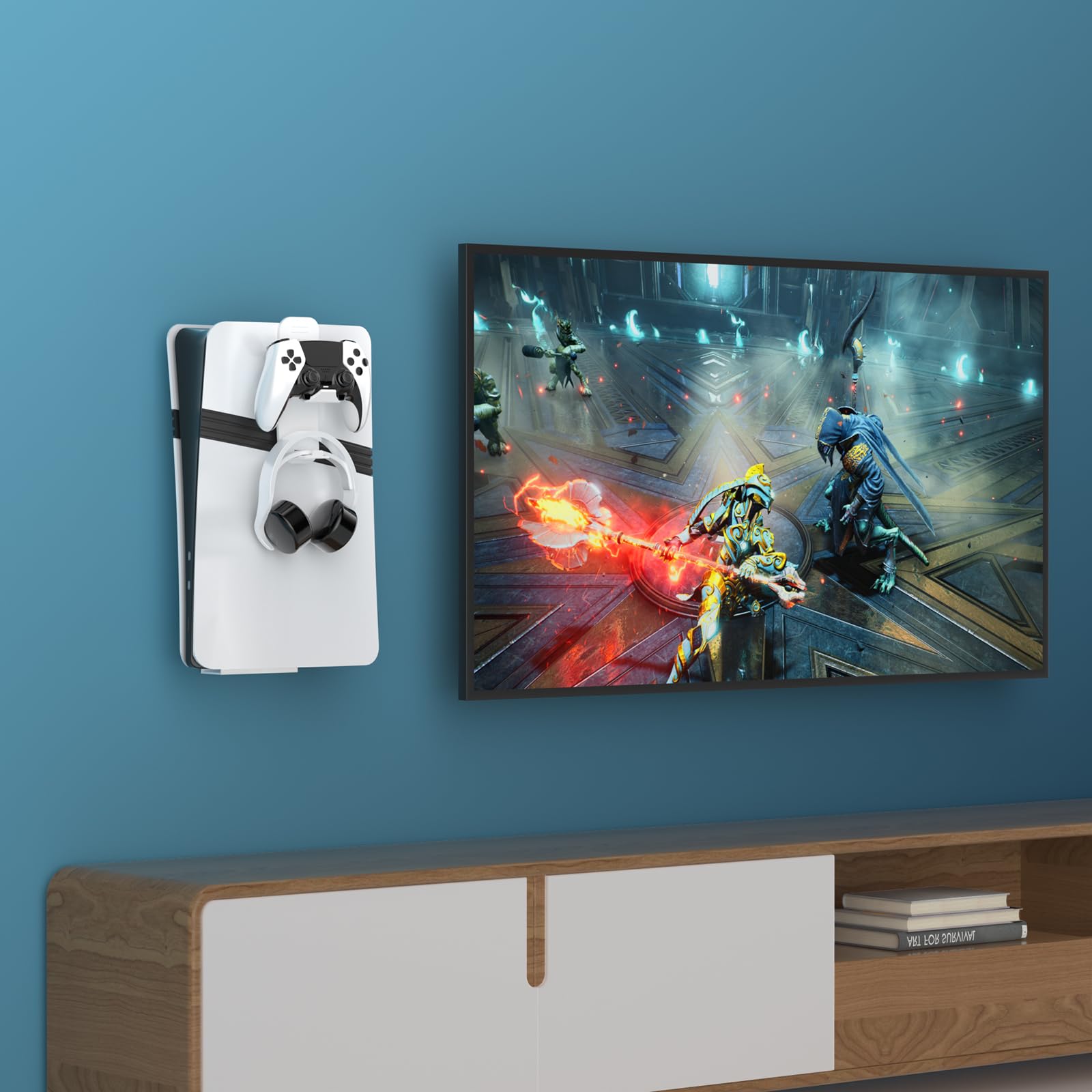 Staffa di montaggio a parete in acciaio compatibile con PS5 Pro/Slim/PS5, stabile supporto da parete in metallo per PS-5 con supporto per controller e gancio per cuffie, nero