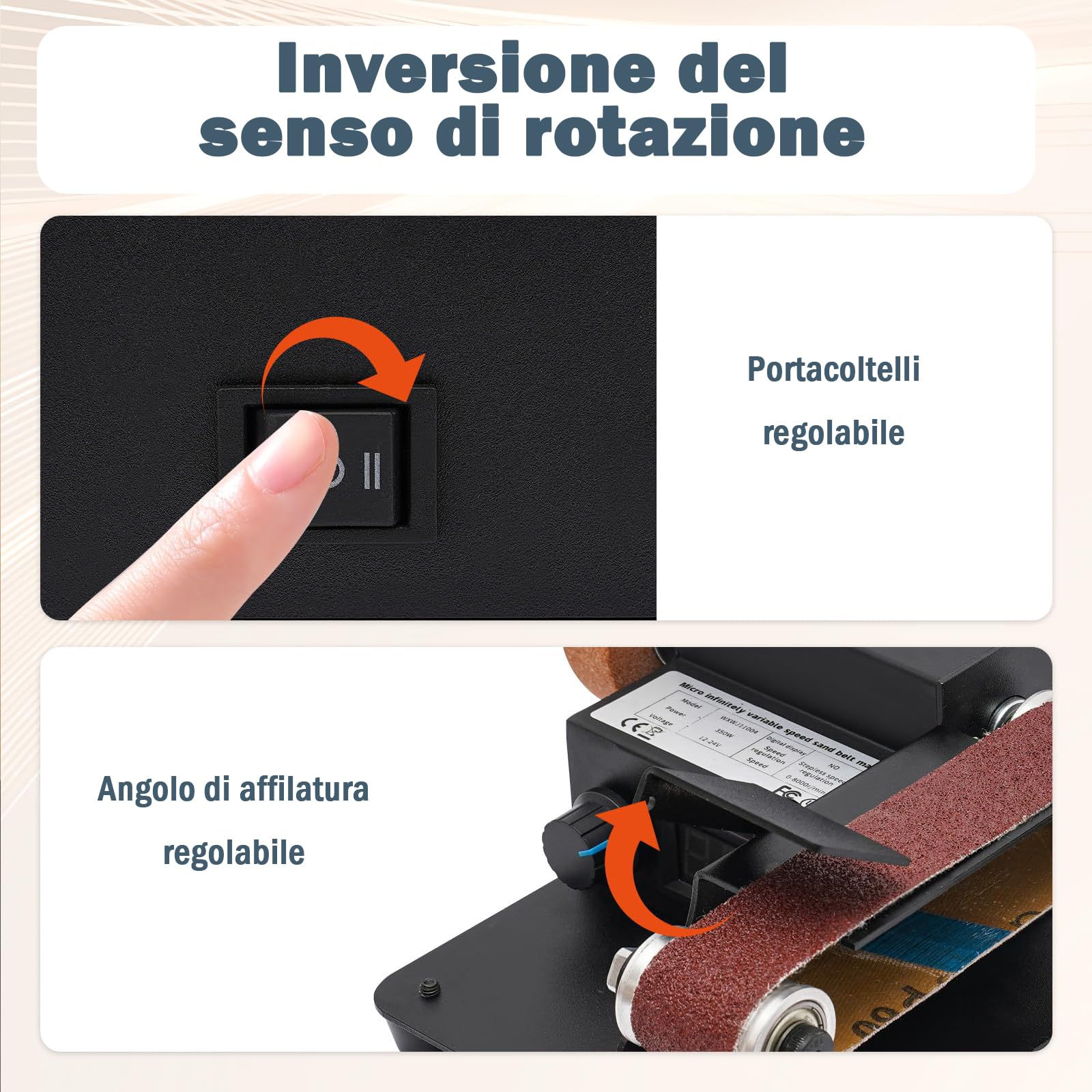 OUKANING Mini Band Sander 350 W Elettrico - Levigatrice a nastro per tavolo da 0-10000 RPM, 7 velocità di regolazione continua della velocità, con 10 nastri abrasivi, disco abrasivo e inserto per