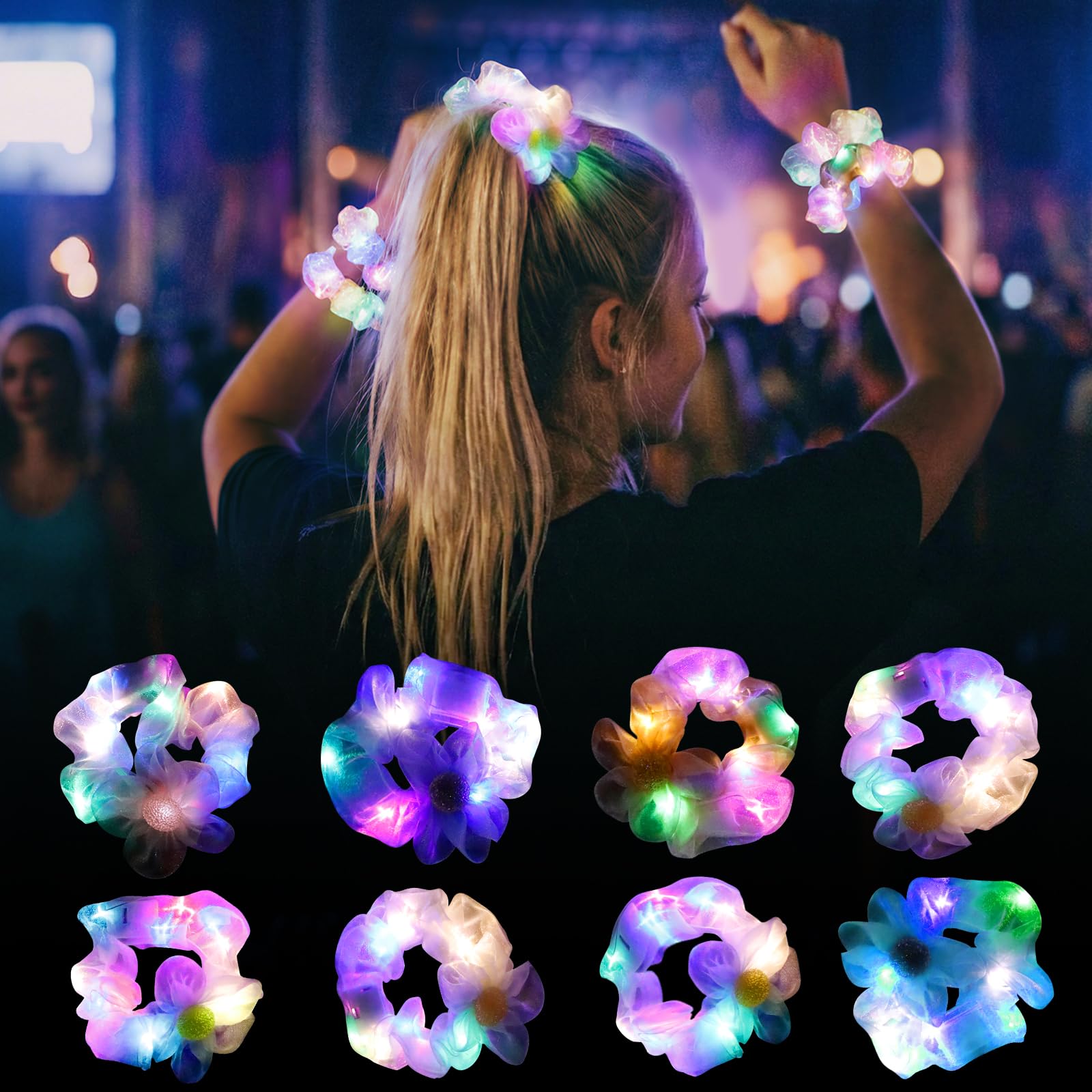 8 Pcs LED Light Up Scrunchies for Girls, Glow in the Dark Hair Ties