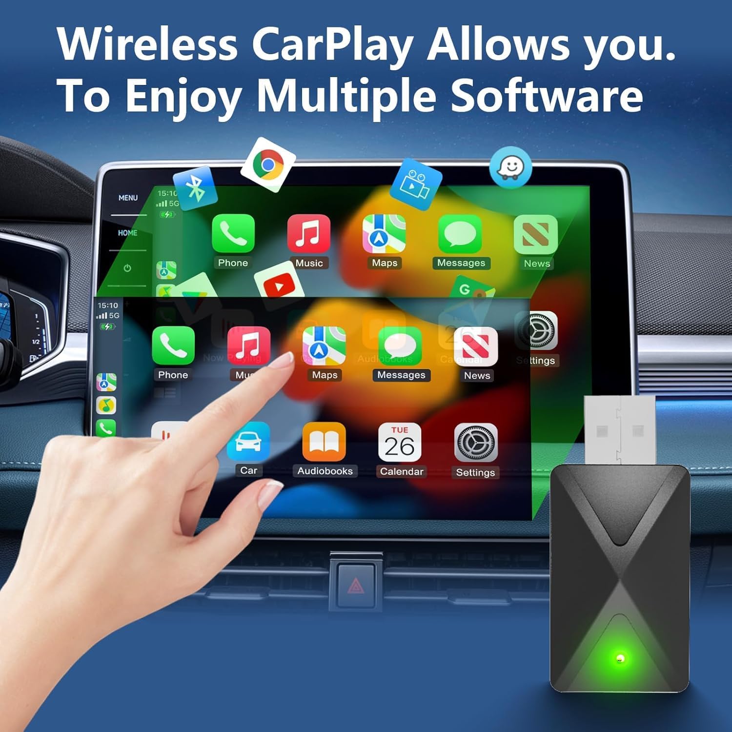 Adaptateur sans fil Android Auto & Carplay sans fil, connexion rapide et sans retard, Stick 2 en 1 Convertir Wired Android Auto/Car Play en sans fil pour iOS 10+ et voitures à partir de 2017 (USB-A)