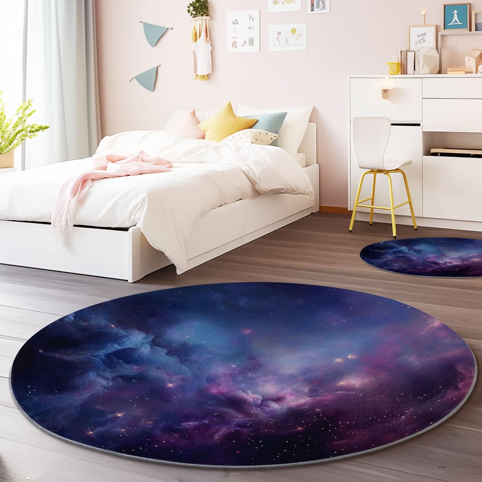 Genérico Alfombra Redonda para habitación Infantil Patrón del Universo Galáctico, Estilo Natural Alfombra Antideslizante Suave y esponjosa para Sala de Estar, Dormitorio, Comedor, 120 cm, Azul Morado