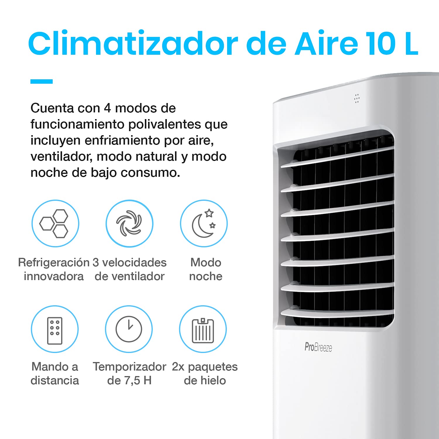 Pro Breeze Aire Acondicionado Portatil Silencioso Depósito 10L, 4 Modos, 3 Velocidades, Temporizador, Oscilación y Mando a distancia. Pinguino - Enfriador de aire