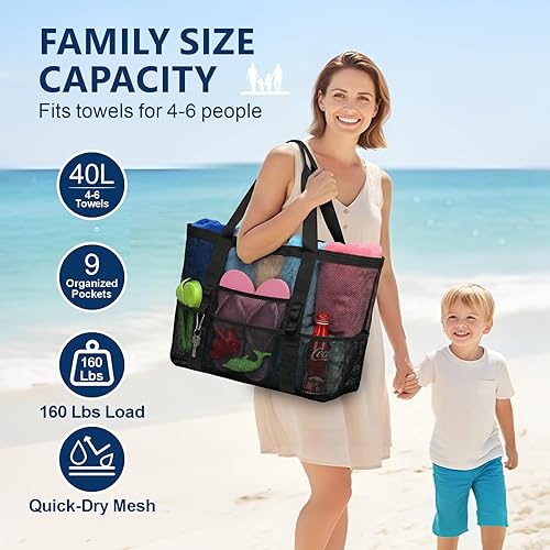 Vista 2 de F-color Mesh Beach Bag Family - Large Tote Bag for Cruise Pool Toys Beach Vacation Essentials