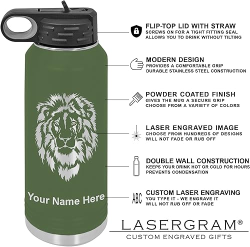 Miniatura 3 de LaserGram Botella de agua de doble pared abatible de 40 onzas con pajilla, dinosaurio Tiranosaurio Rex, grabado personalizado incluido (verde