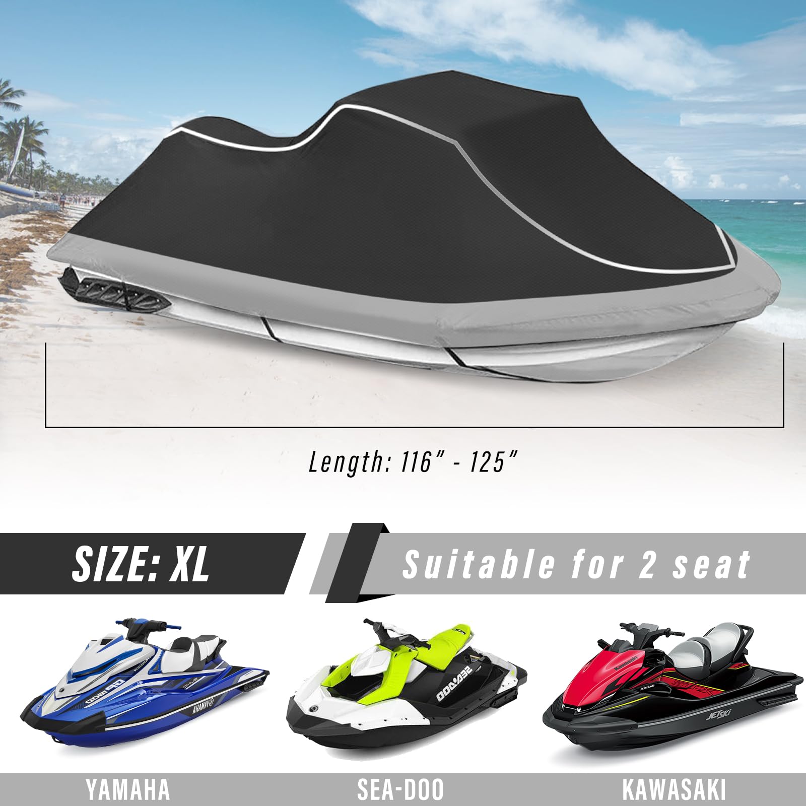 Housse de Jet Ski remorquable – Housse de Protection imperméable et résistante pour PWC 2 Places avec Bandes réfléchissantes et aérations pour Seadoo, Yamaha, Kawasaki Polaris, Convient