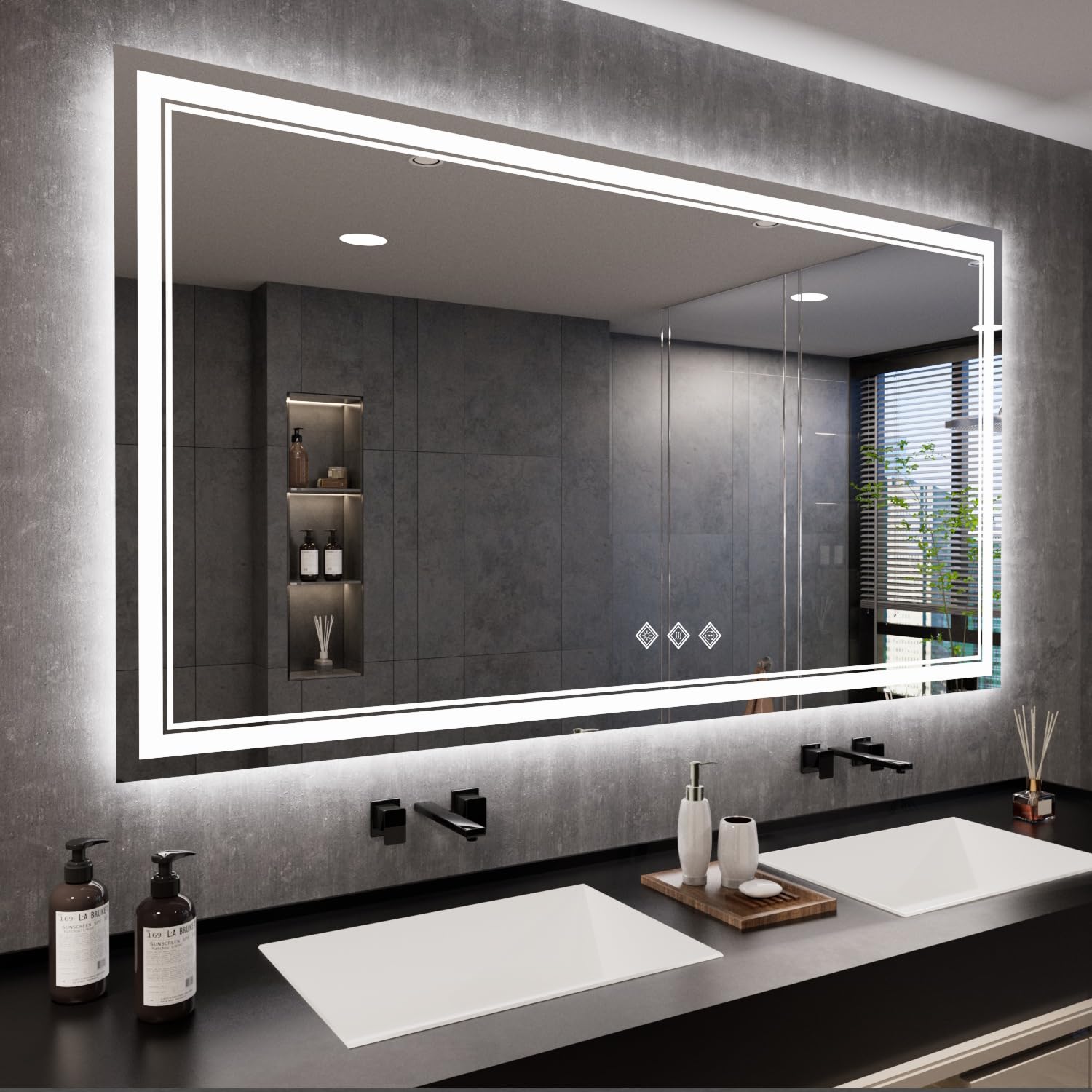 bathroom mirror, 72x40 inch gradient front and backlit big led mirror, 3 colors dimmable cri>90 double lights, ip54 enhanced anti-fog, hanging plates wall mount lighted bathroom mirror