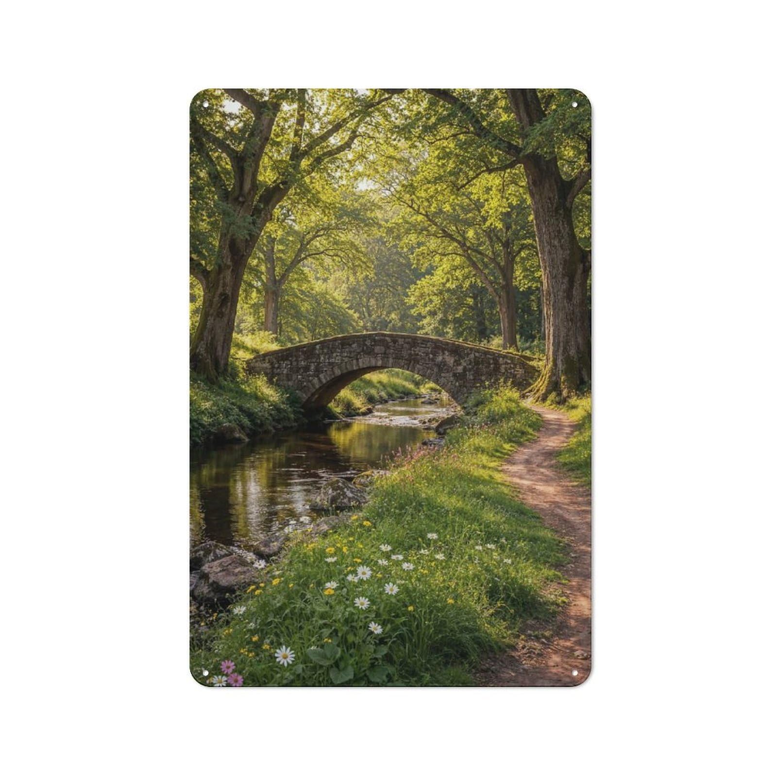 Junmoney Style-22 Tin Wall Plaque 30X20cm With Stone Bridge Over Stream In Forest For Garage Or Workshop, For Living Room, Hallway And Entrance Wall Decor