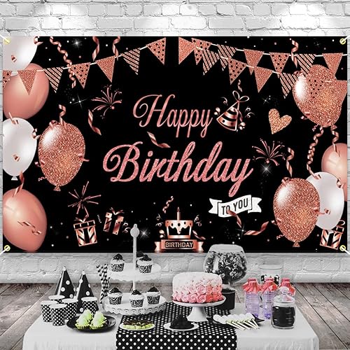 Miniatura 4 de Cartel de feliz cumpleaños negro y oro rosa, decoración de fondo de feliz cumpleaños para mujeres y niñas