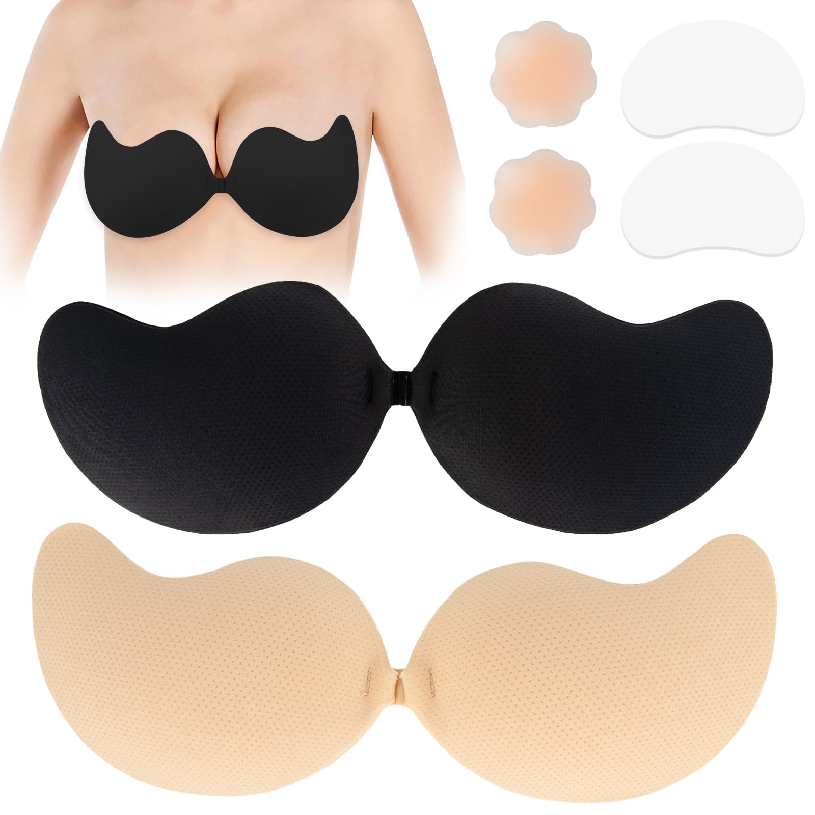 DINGBIUPush up Bra Backless Bras for Women, Stick on Bra Reusable Strapless Bra, Comfortable Invisible Sticky Bra and Nipple Covers for All Backless Clothes (Beige and Black, F)