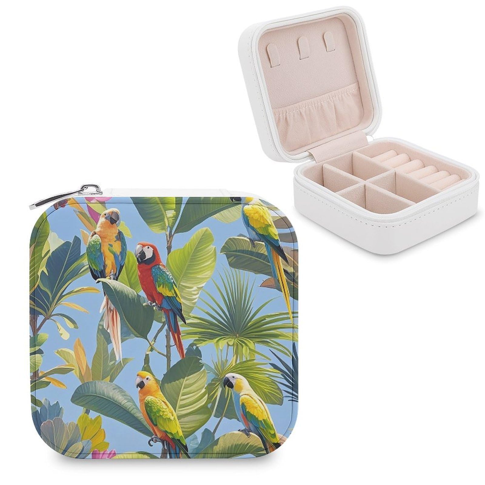 FekiLoot Tropical Plants And Parrots Travel Jewelry Box Small Jewelry Organizer Storage Case Portable PU Leather Mini Jewellry Travel Case Necklace Ring Storage Organizer Gift for Women