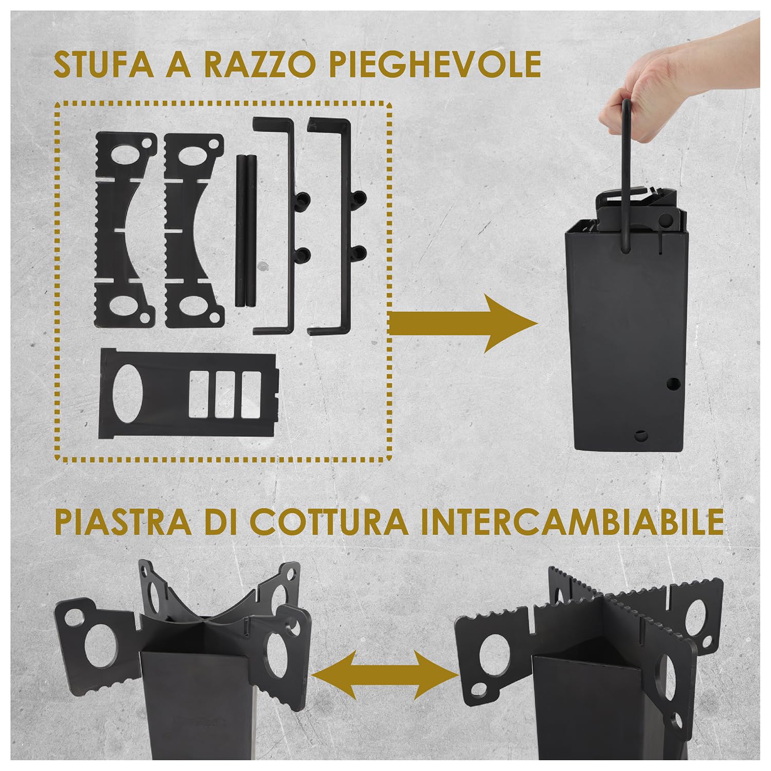 StarBlue - Stufa a razzo pieghevole con borsa per il trasporto, fornello portatile a legna da campeggio con grande camera di combustibile, ideale per cucinare all'aperto, campeggio, picnic, barbecue