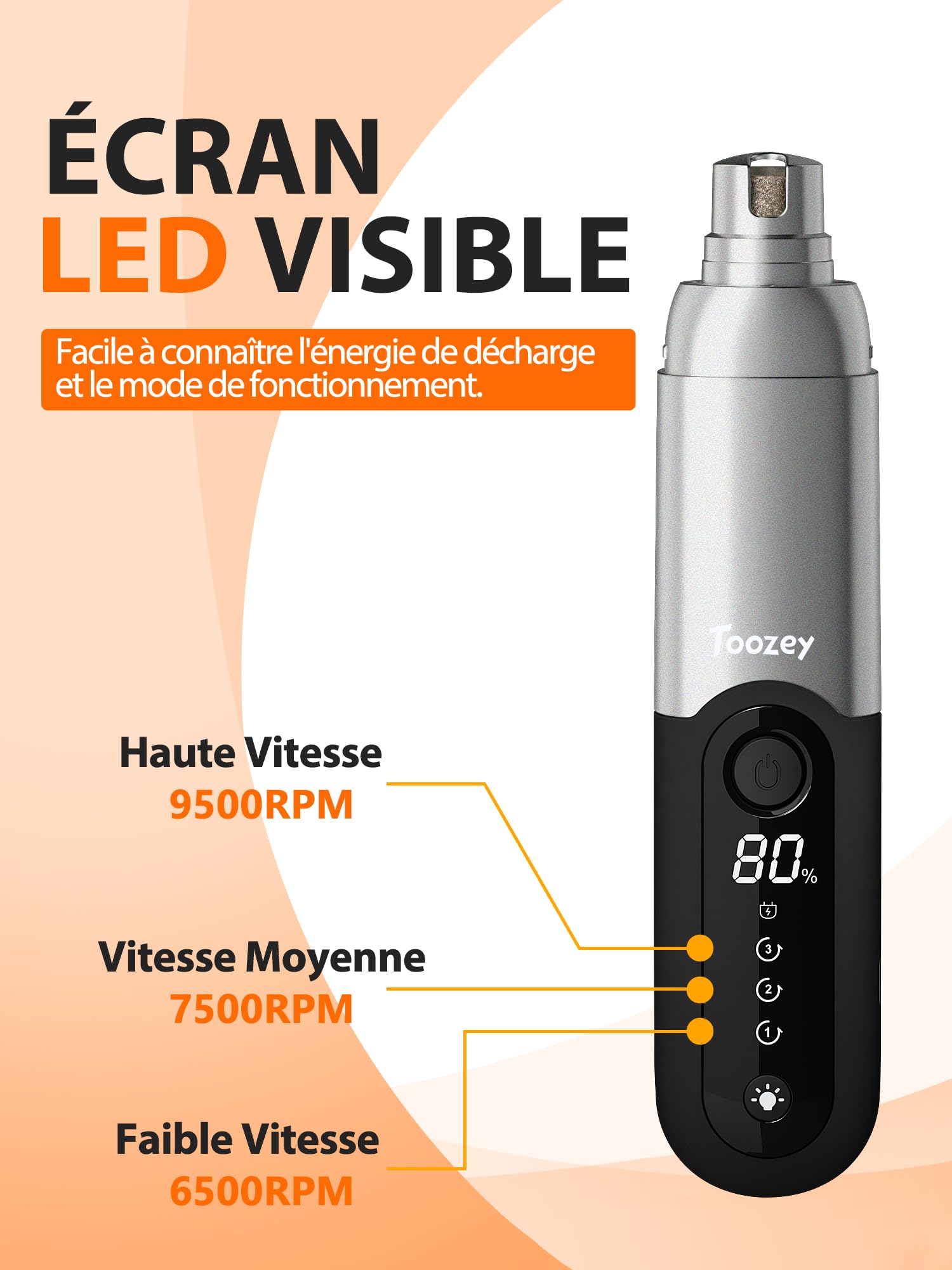 Toozey Obcinacz do pazurów dla psów i kotów – 4 diody LED, super cichy (40 dB), 3 prędkości, długi czas pracy baterii 7,5 godziny, ładowanie przez USB