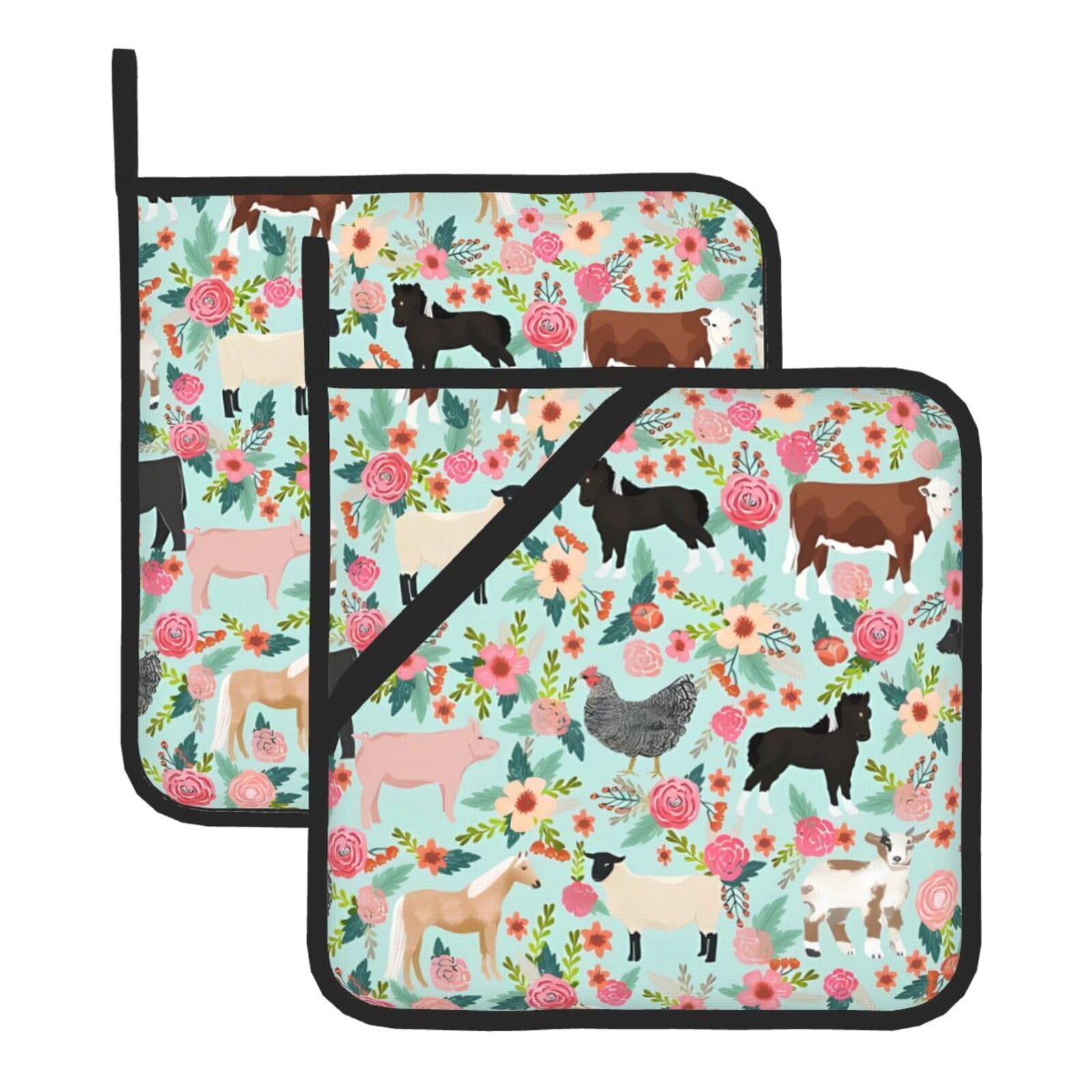 YYHHAOFA Farm Animal Prints Square Hot Pads - Durable Kitchen Covers for Heat Resistance, Waterproof Protection & Easy Cleaning - 2-Pack with Hanging Loops