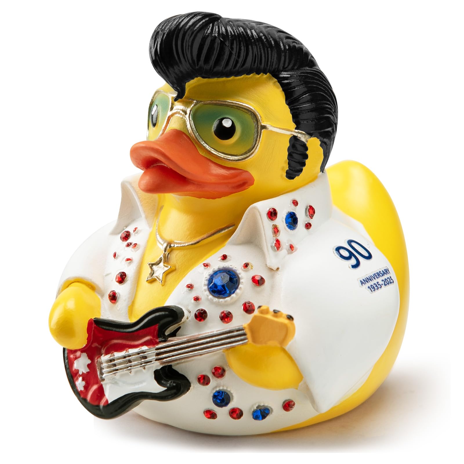 Elvis Duck Figurine, White Jumpsuit Design with Rhinestones, Decorative Collectible, 3.14 x 3.14 x 2.75 inches