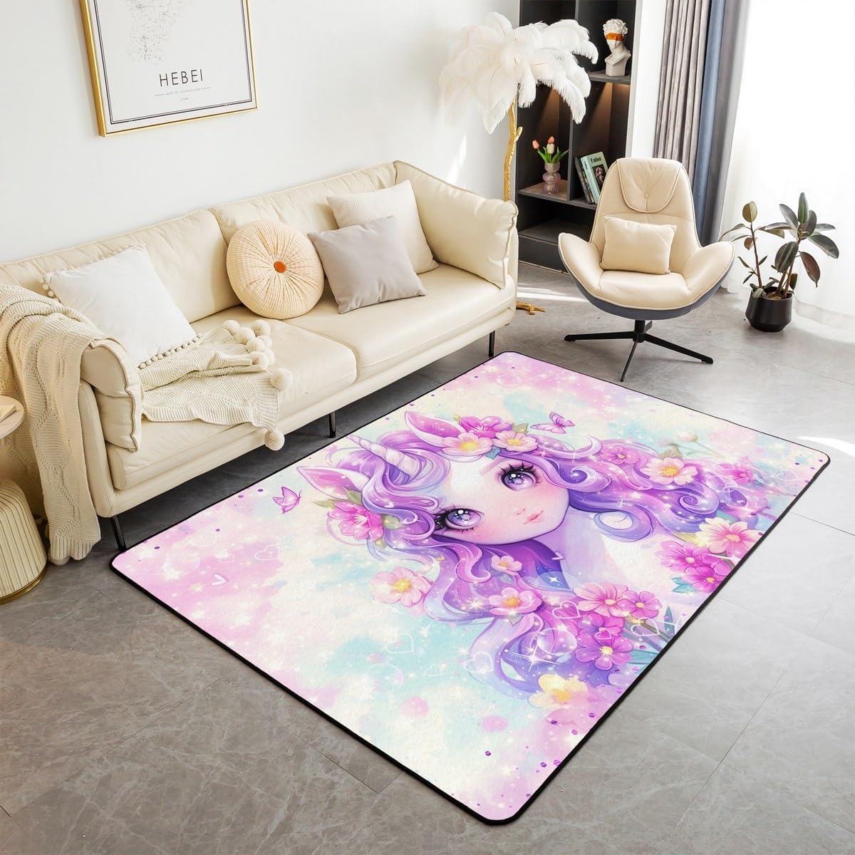 Kawaii Unicorn Mat Rug for Living Room Bedroom,Kids Girls Flowers Soft Cozy Carpet Cute Unicorn Dreamy Decor Floor Mat Purple Butterfly Dots Room Decorative Rug,3x5