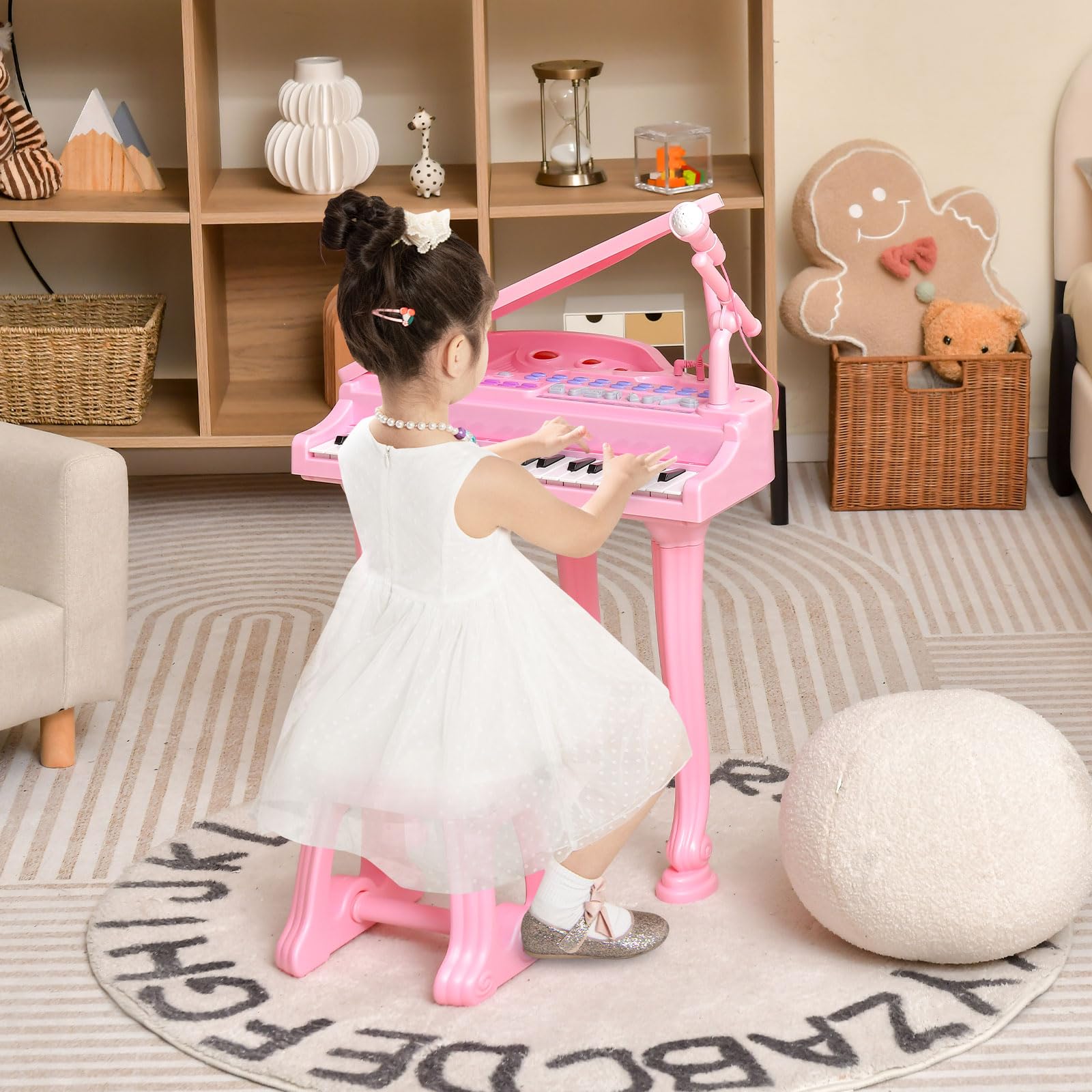 COSTWAY Piano Electrónico para Niños de 31 Teclas con Taburete, Teclado Piano Infantil de Multifunción Portátil con Micrófono, LED Modo de Enseñanza, Función de Grabación y Reproducción (Rosa)