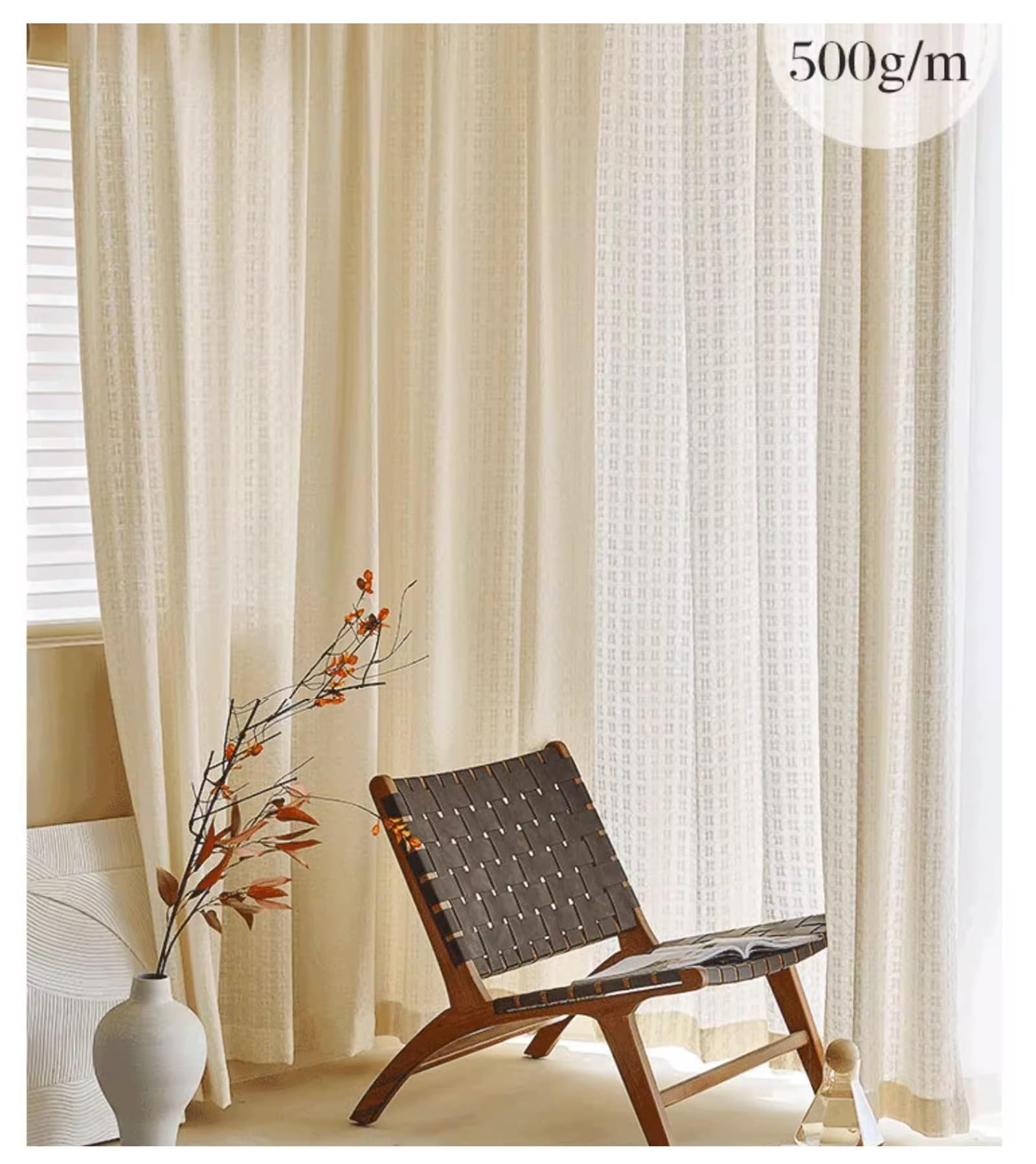 Rideau Fenêtre Semi Transparent 132x160, Rideaux Voilage pour Chambre Polyester Aspect Lin Gaufré Tissé, avec Crochet, Lot de 2