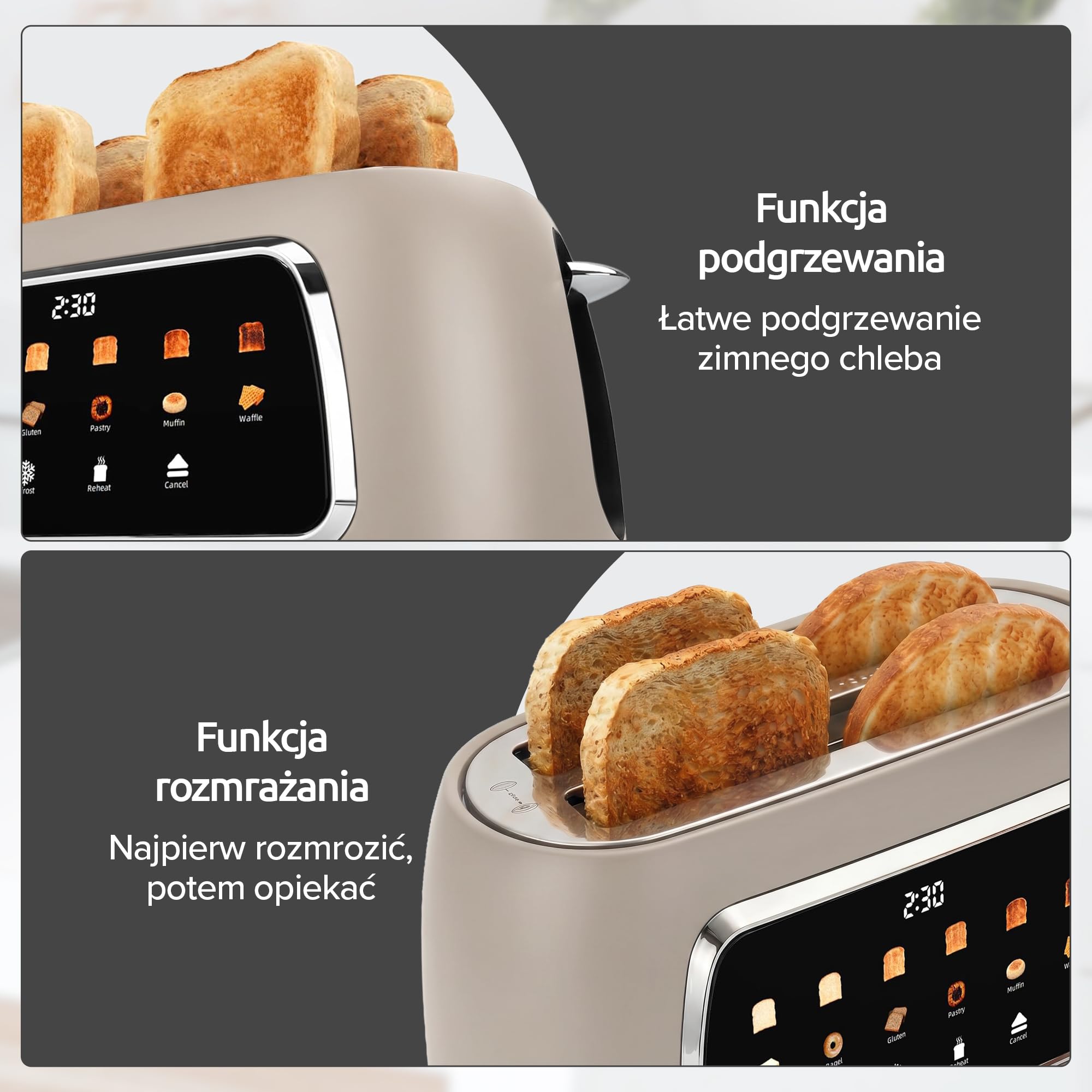 Olvy Toster na 4 Kromki z Wyświetlaczem LCD i Timerem Odliczającym – Ekstra Szerokie Szczeliny na Gruby Chleb – 6 Poziomów Zrumienienia, Rozmrażanie i Podgrzewanie – 1500W – Beige