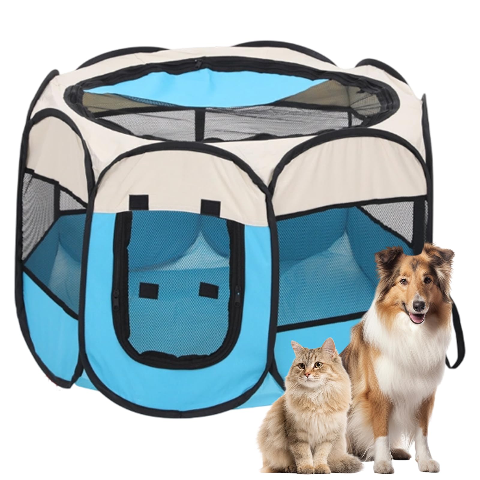 Parque para Perros Plegable, Parque para Gatos para Interiores y Exteriores, Tela Oxford Impermeable, para Cachorros, Gatos, Perros, Conejos, 74 x 74 x 43, Beige-Azul